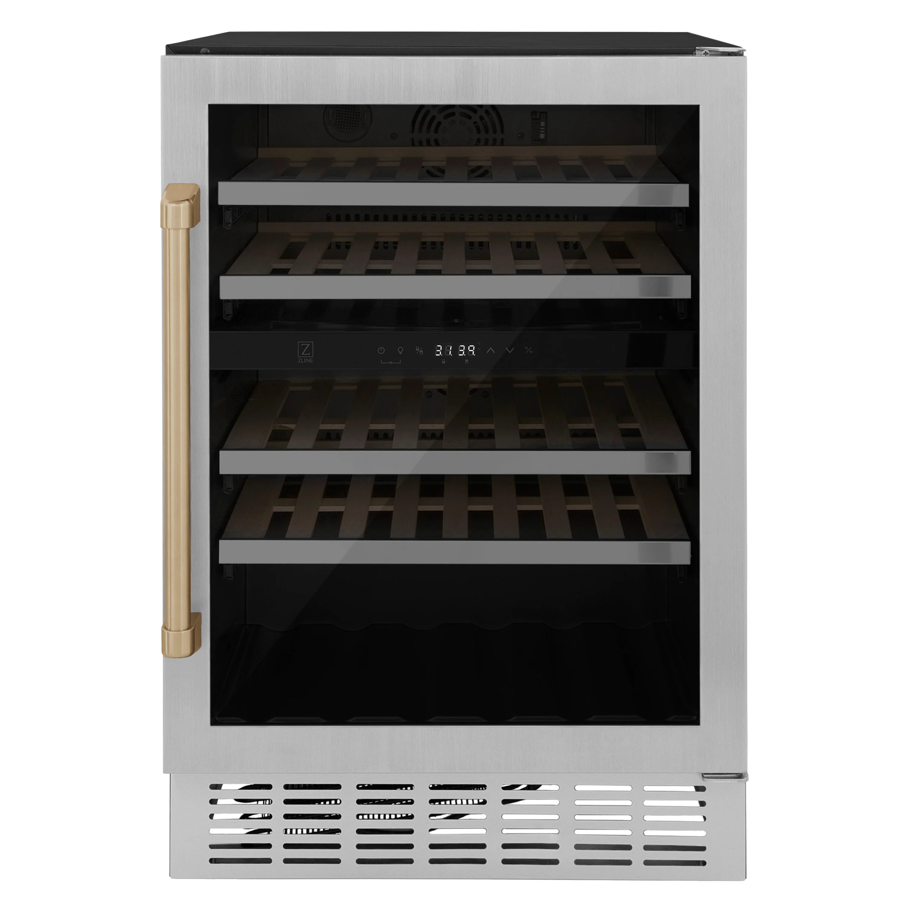 Stainless steel wine cooler with glass door, black interior shelves, bronze handle