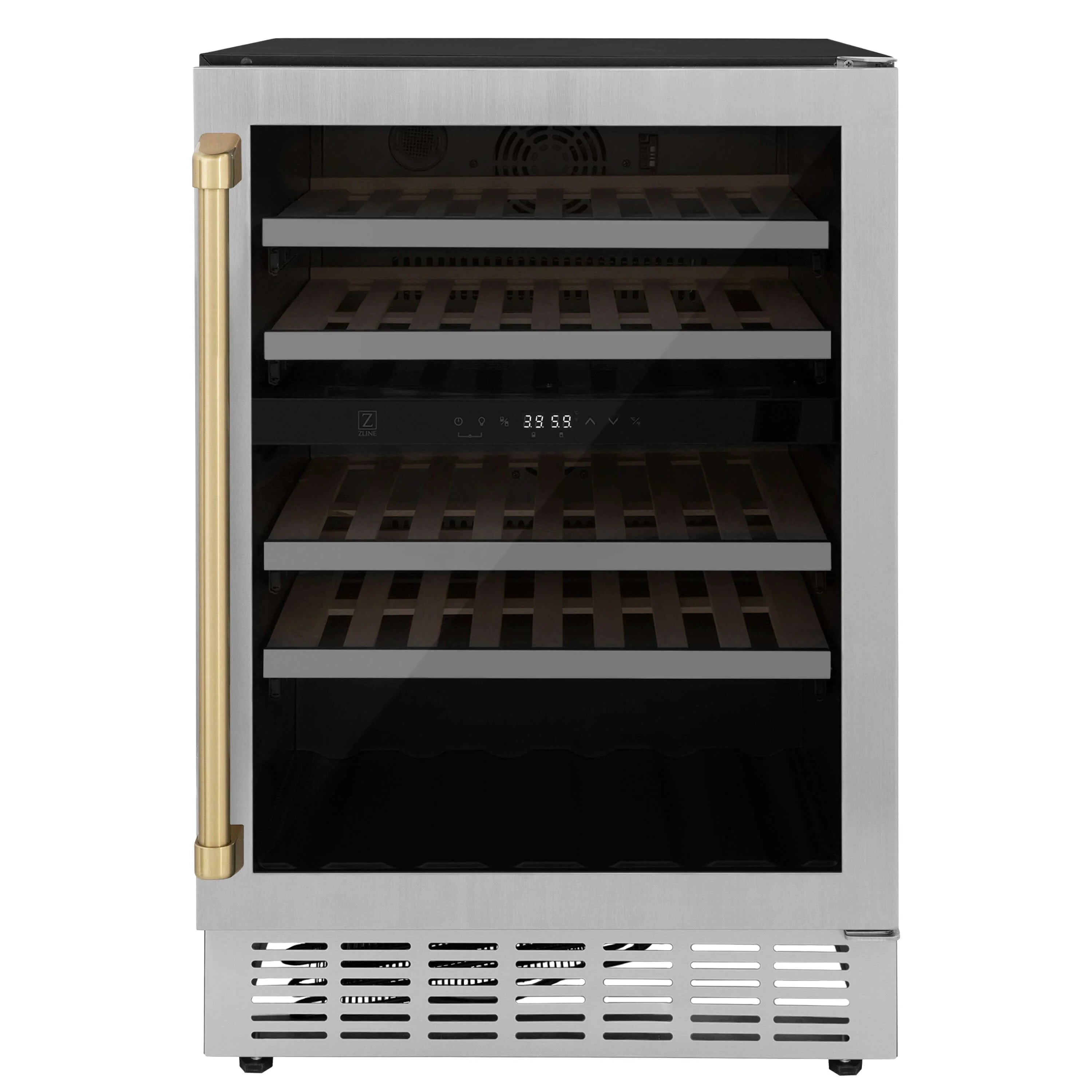 24-inch stainless steel dual-zone wine cooler with champagne bronze door accents