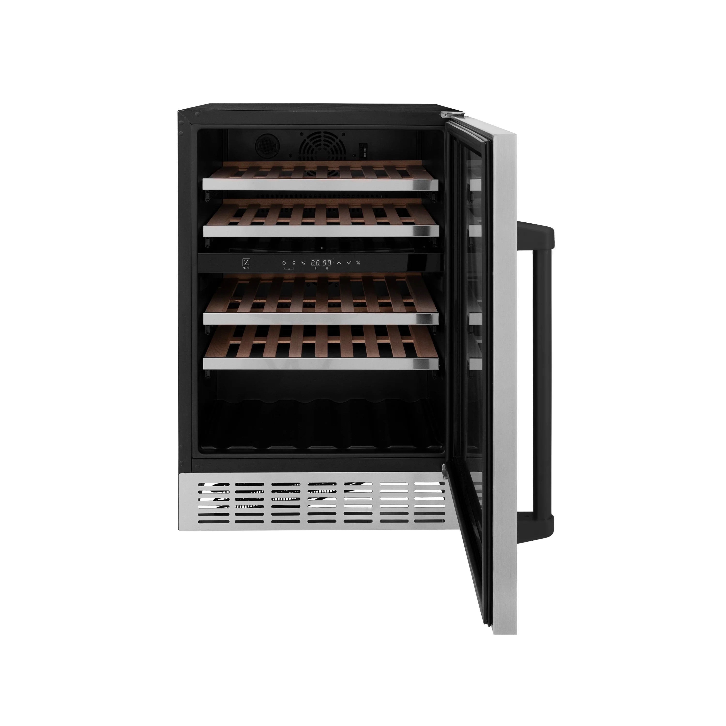 Stainless wine cooler with open door showing black interior and rack shelves