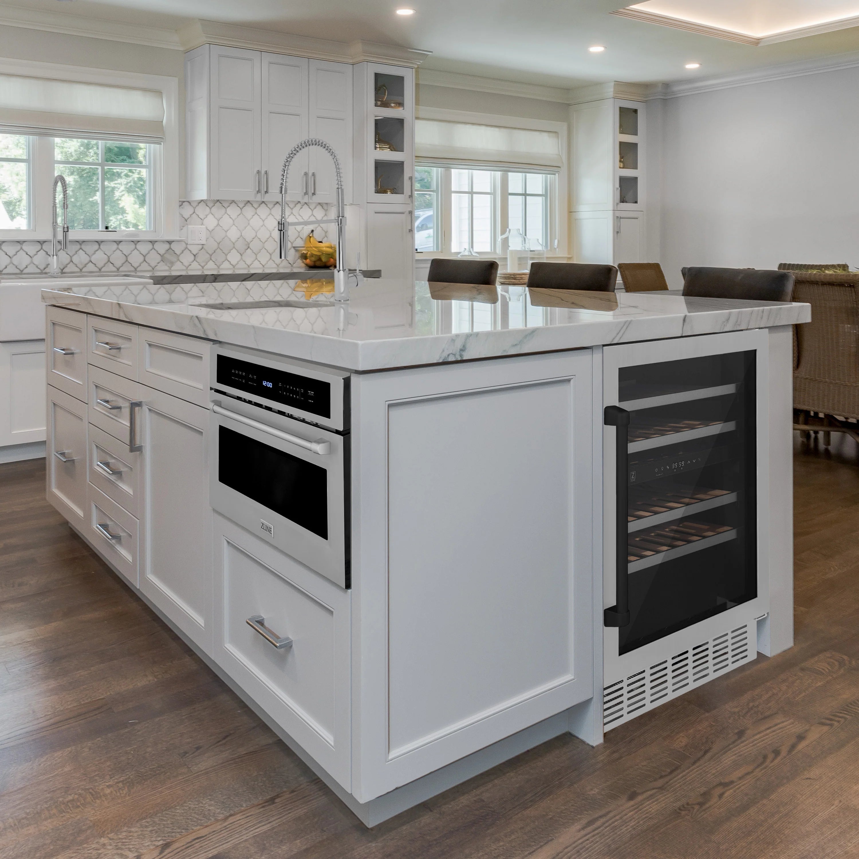 Double built-in appliance package: stainless beverage fridge with black glass door