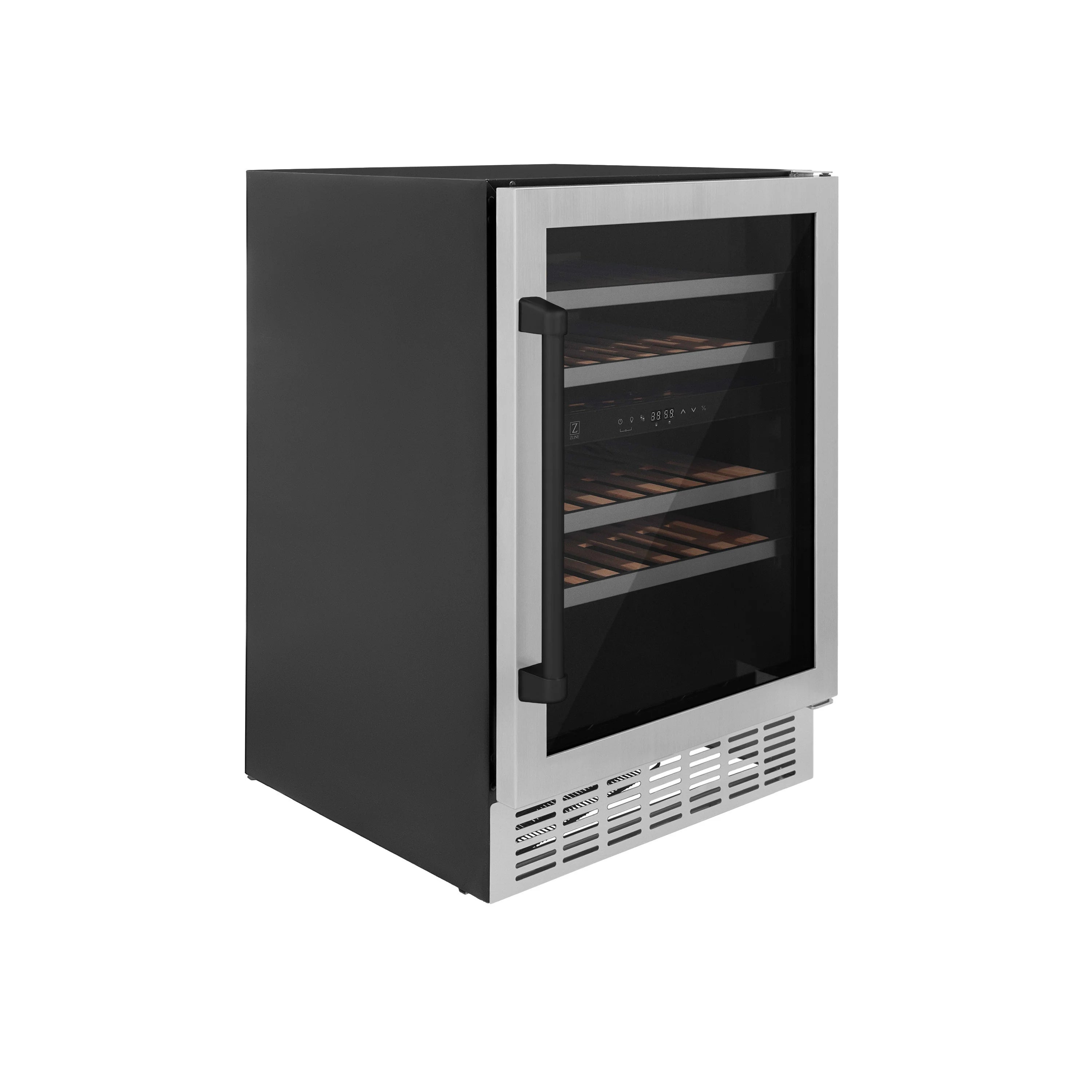 Compact stainless wine cooler with black glass door and lower ventilation grille