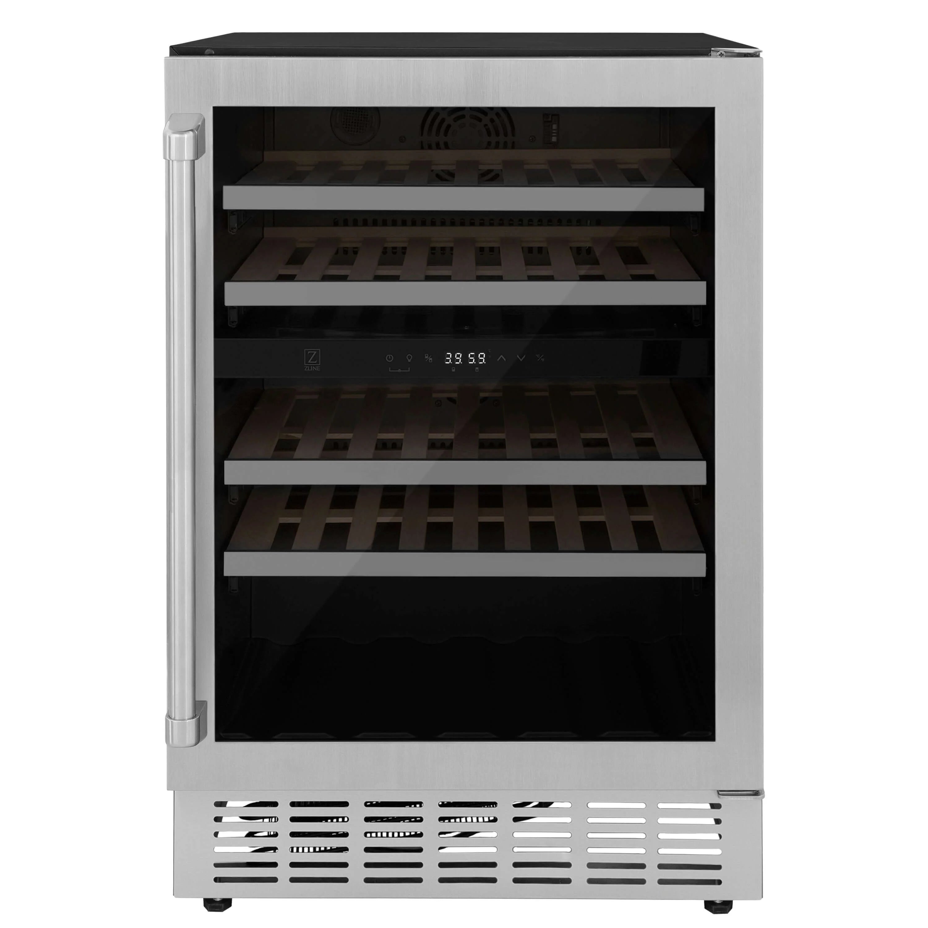 Stainless steel wine cooler with clear glass door and wood-framed racks inside