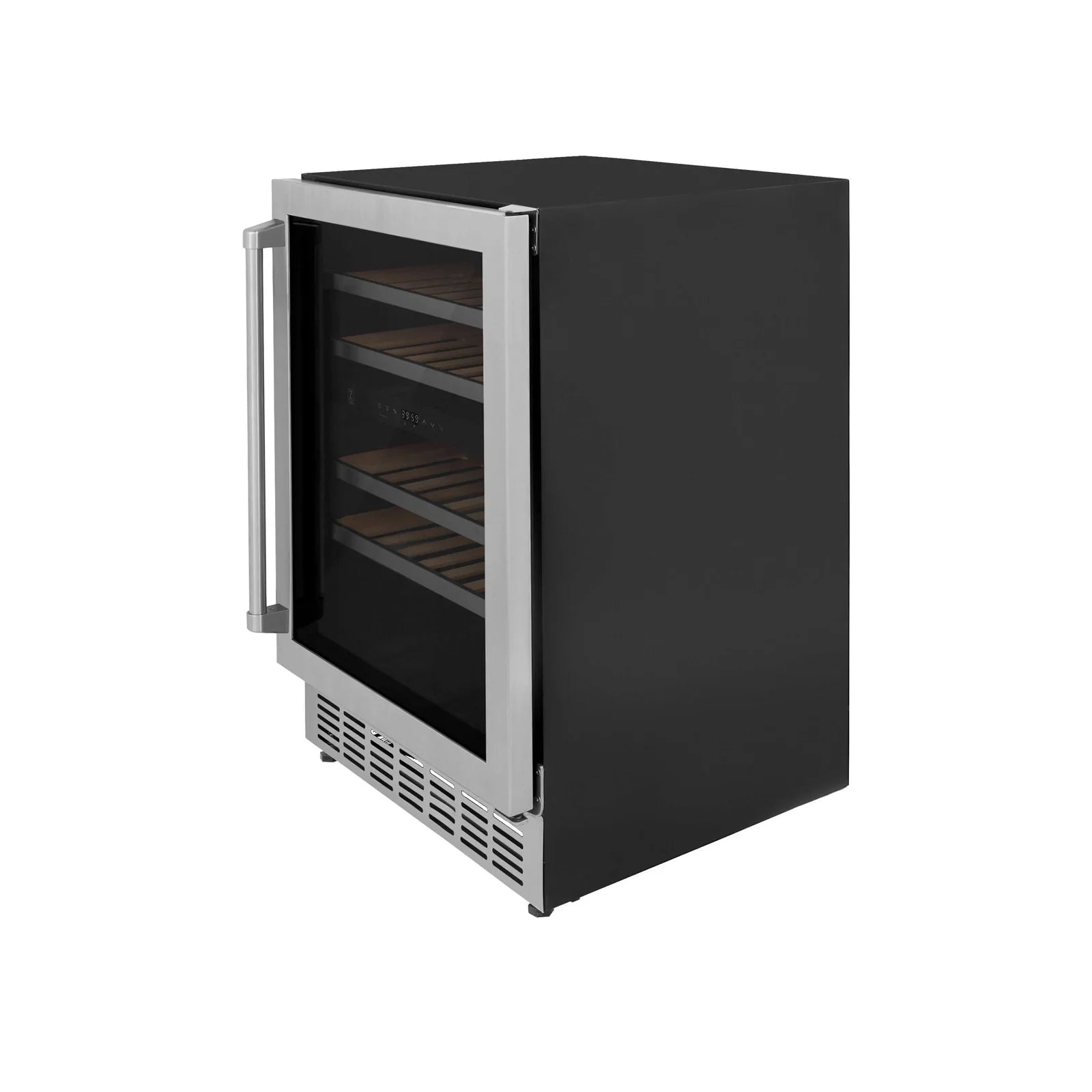 Stainless steel wine cooler with side door open and wooden shelves inside