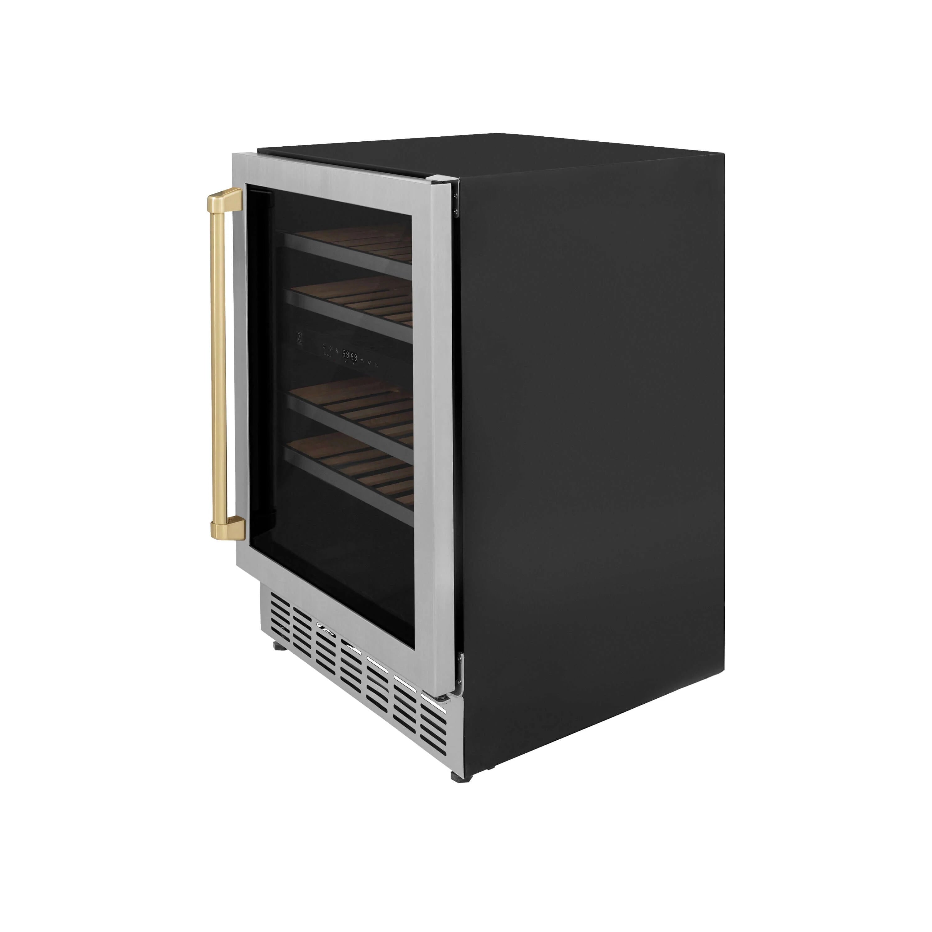 Wine cooler with black cabinet, glass door, bronze handle accents, and vented bottom grille