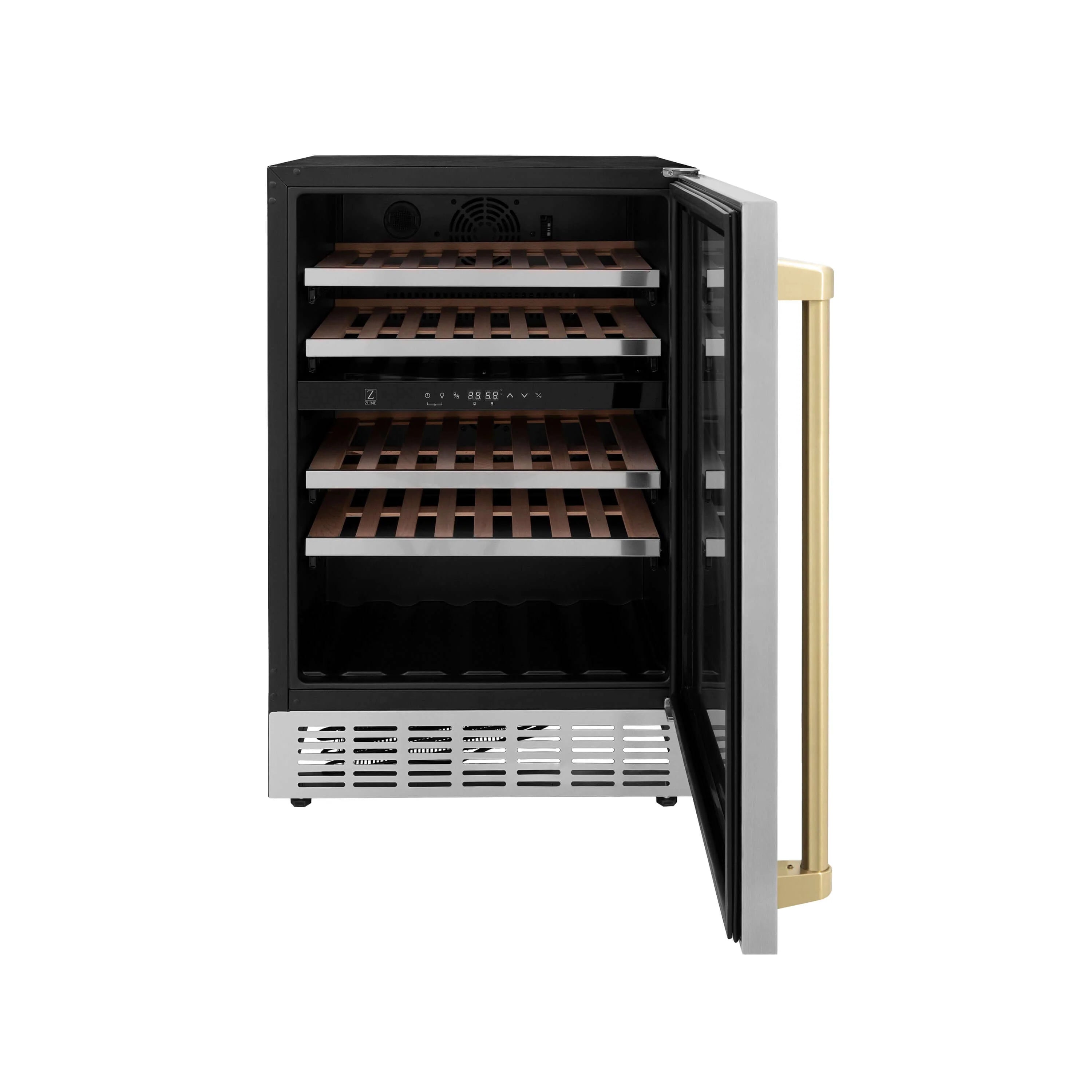 Wine cooler with door open showing wooden racks and black interior, bronze handle