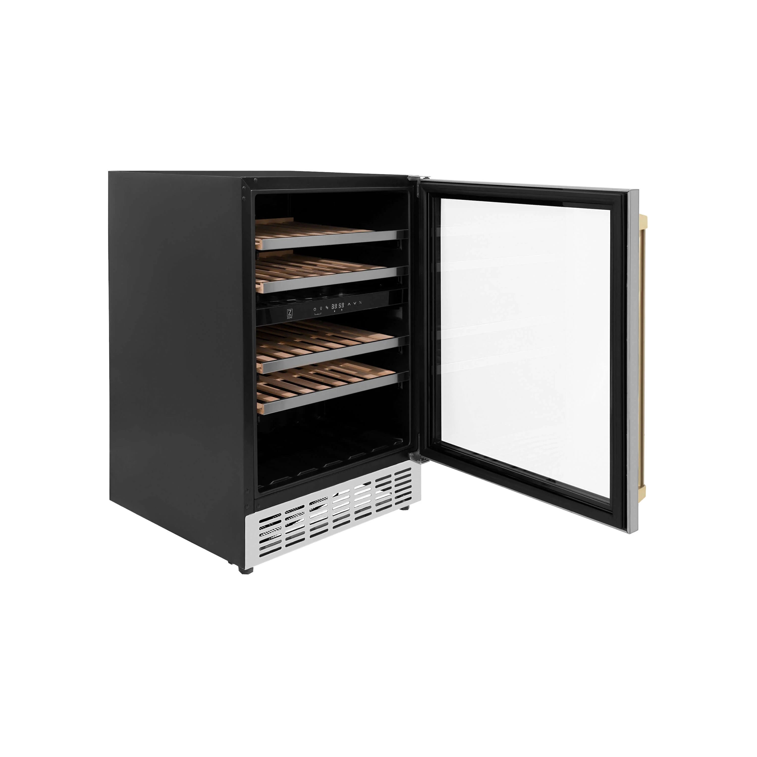 Wine cooler with open door revealing wooden shelves, black cabinet, bronze handle