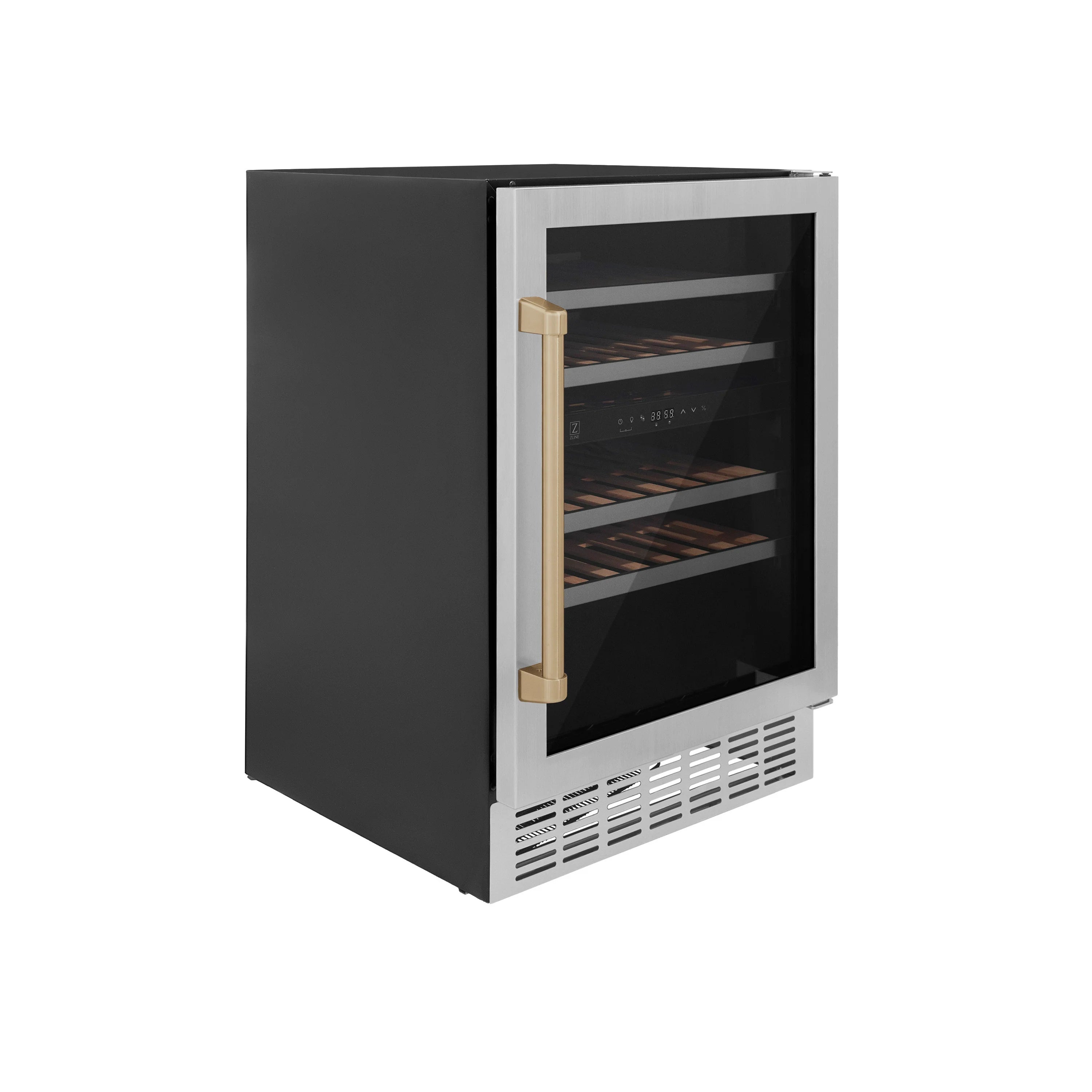 Stainless steel wine cooler with black-tinted glass door and champagne bronze handle