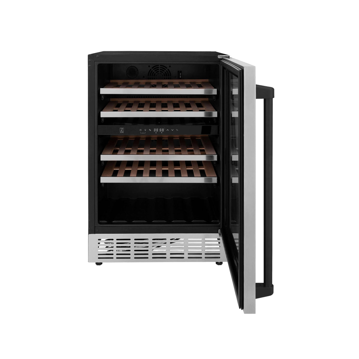Dual-zone wine cooler with side-hinged open door, stainless frame, and wooden interior racks