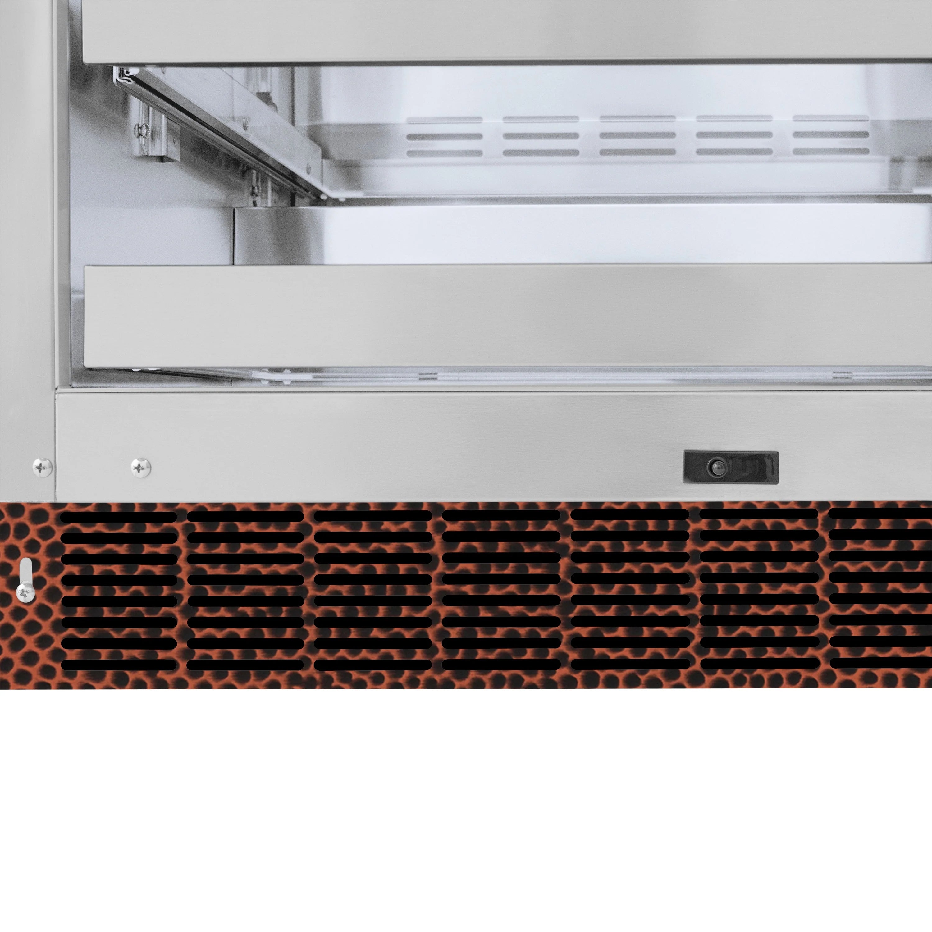 Interior shelf and vent openings inside beverage fridge behind open glass door