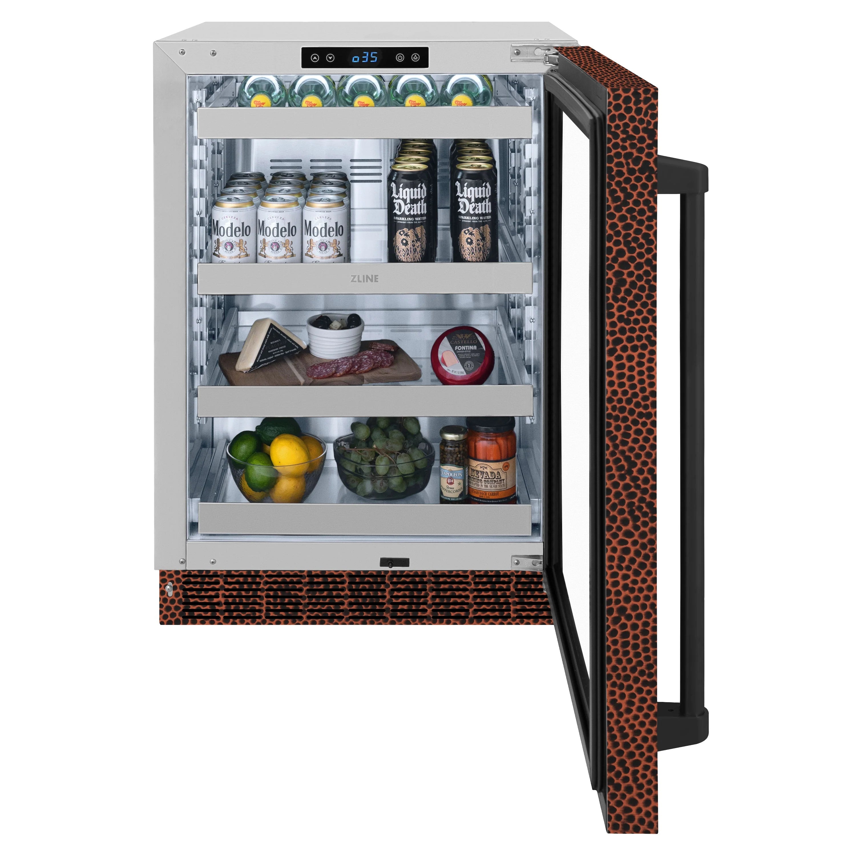 Beverage fridge with glass door open, shelves stocked with drinks and cans