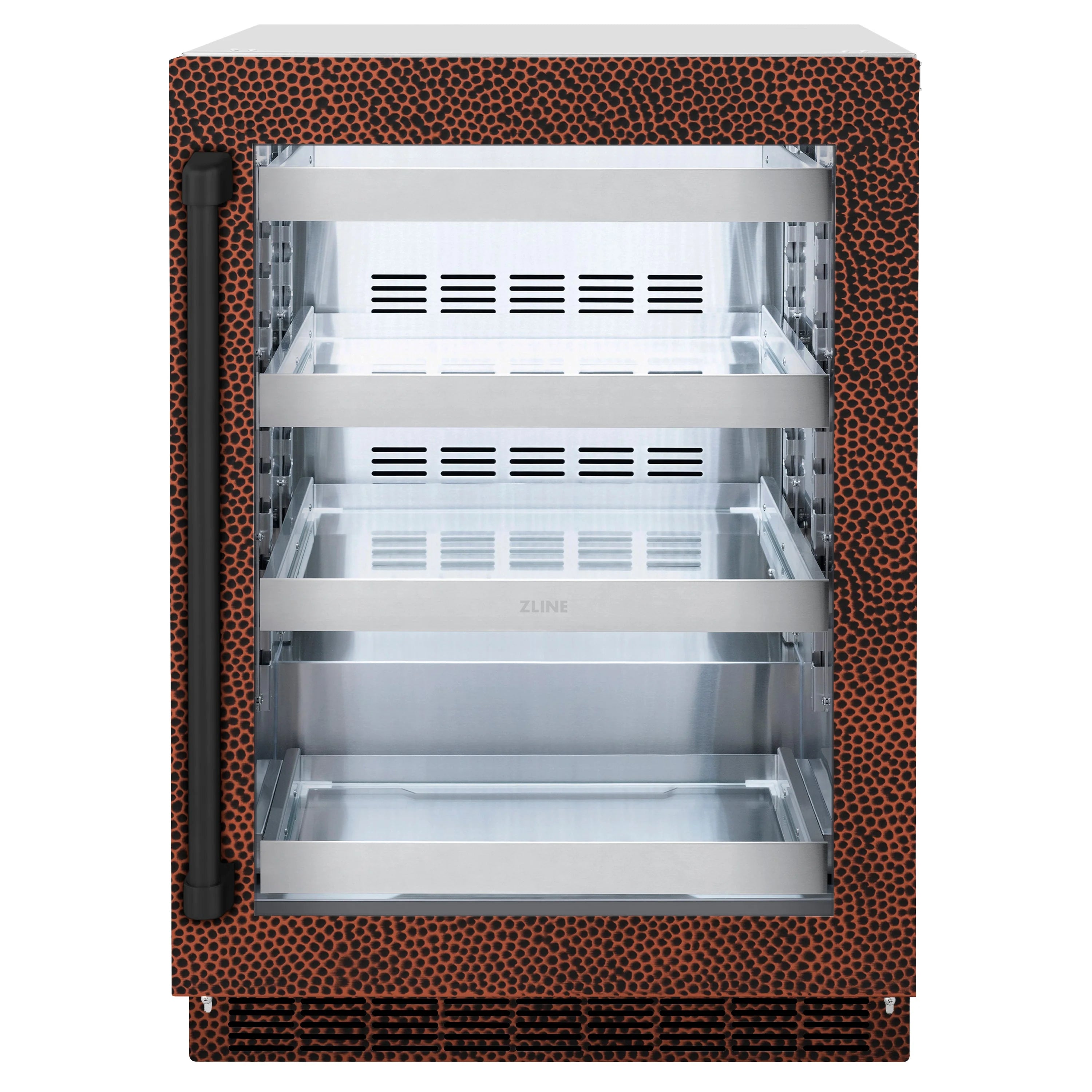 Open beverage fridge showing empty interior shelves and vented back wall