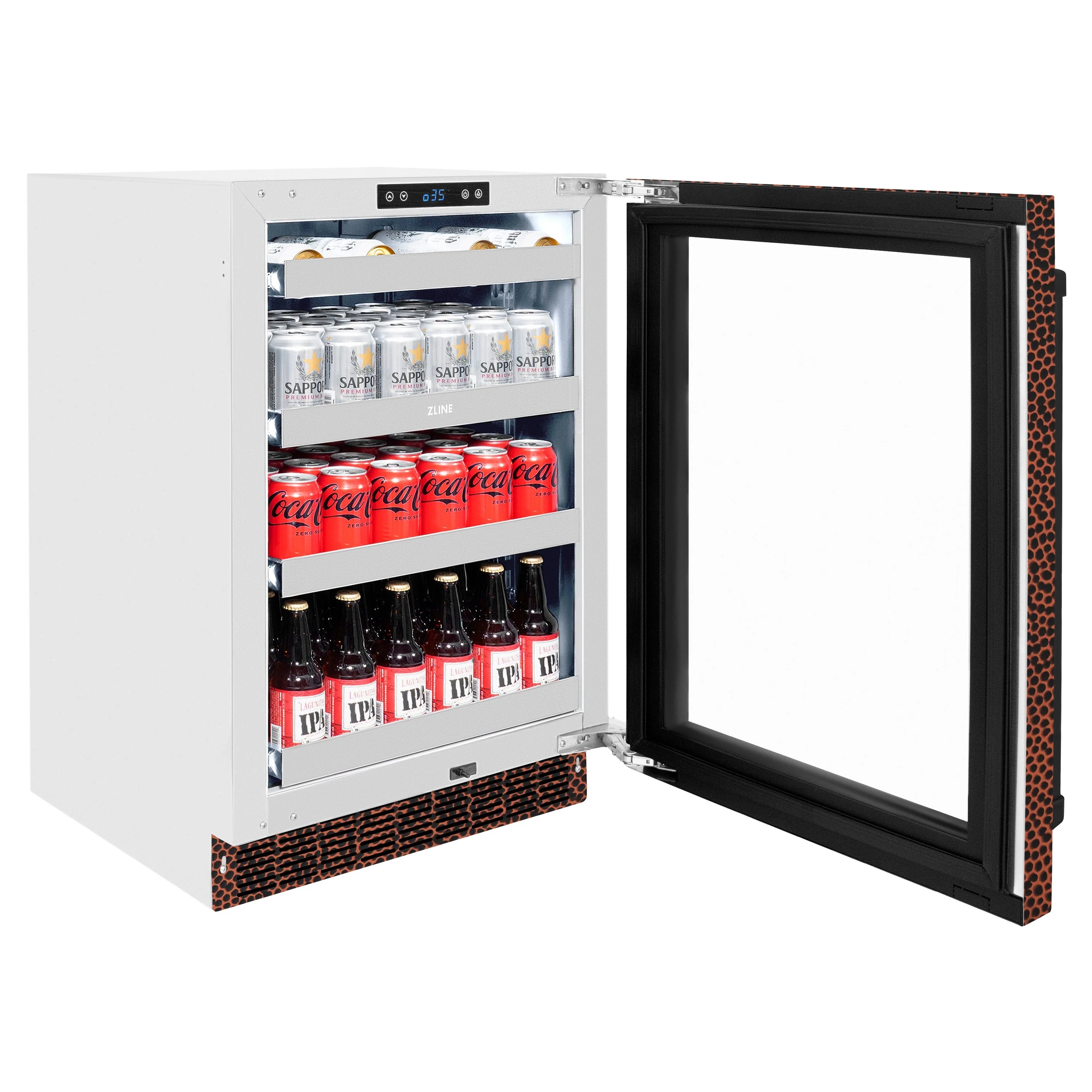 Beverage fridge with door open, stocked bottles and cans on interior shelves