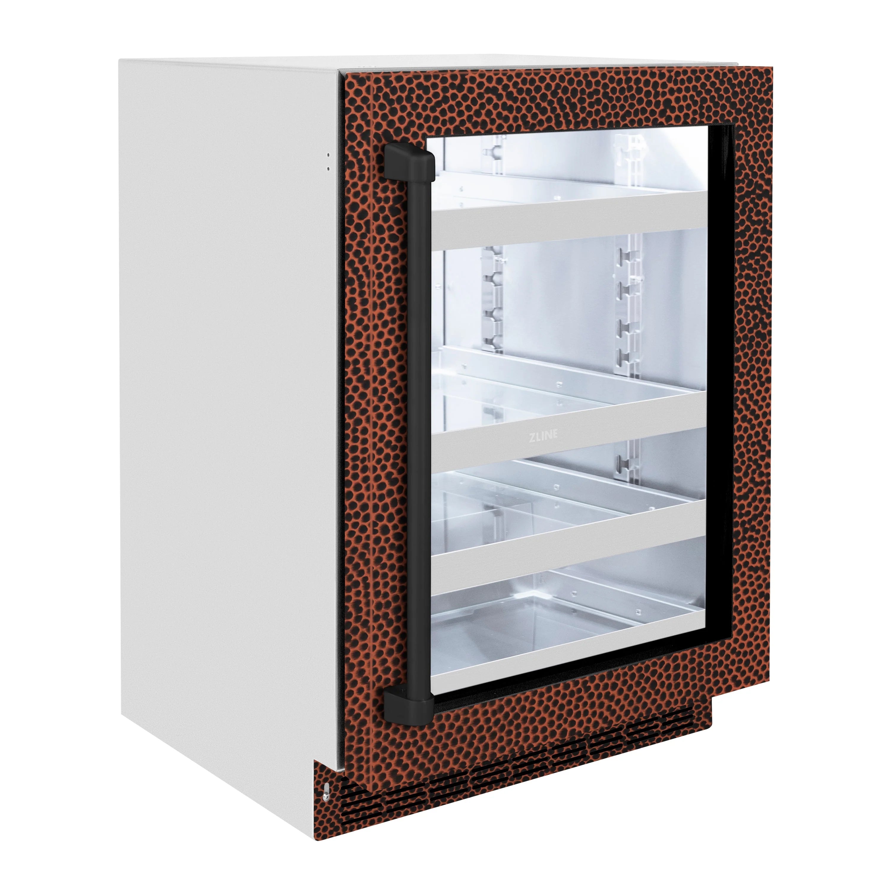 Angled view of beverage fridge with copper-pattern frame and open glass door