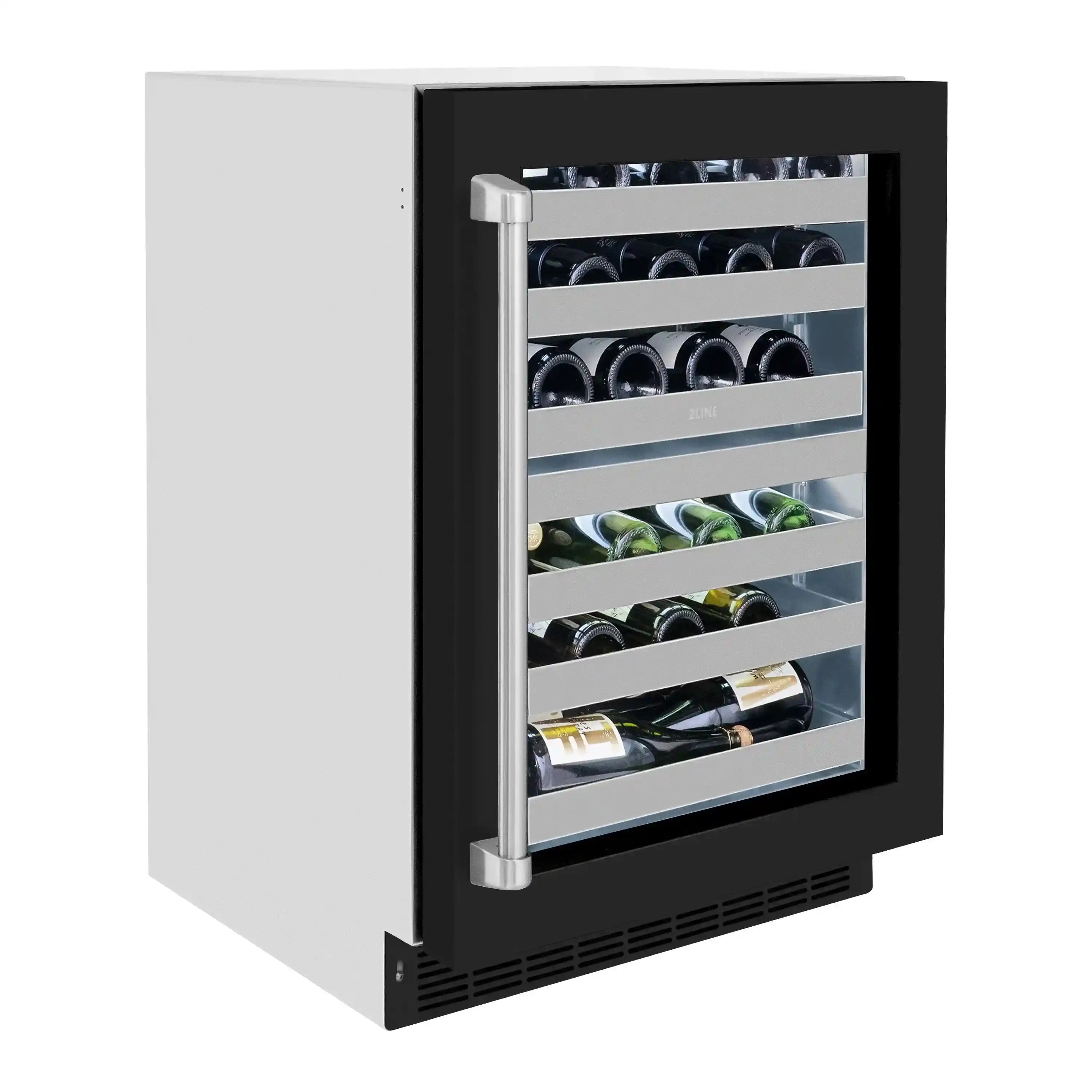 Built-in wine cooler with black-framed glass door, bottle racks visible through the window
