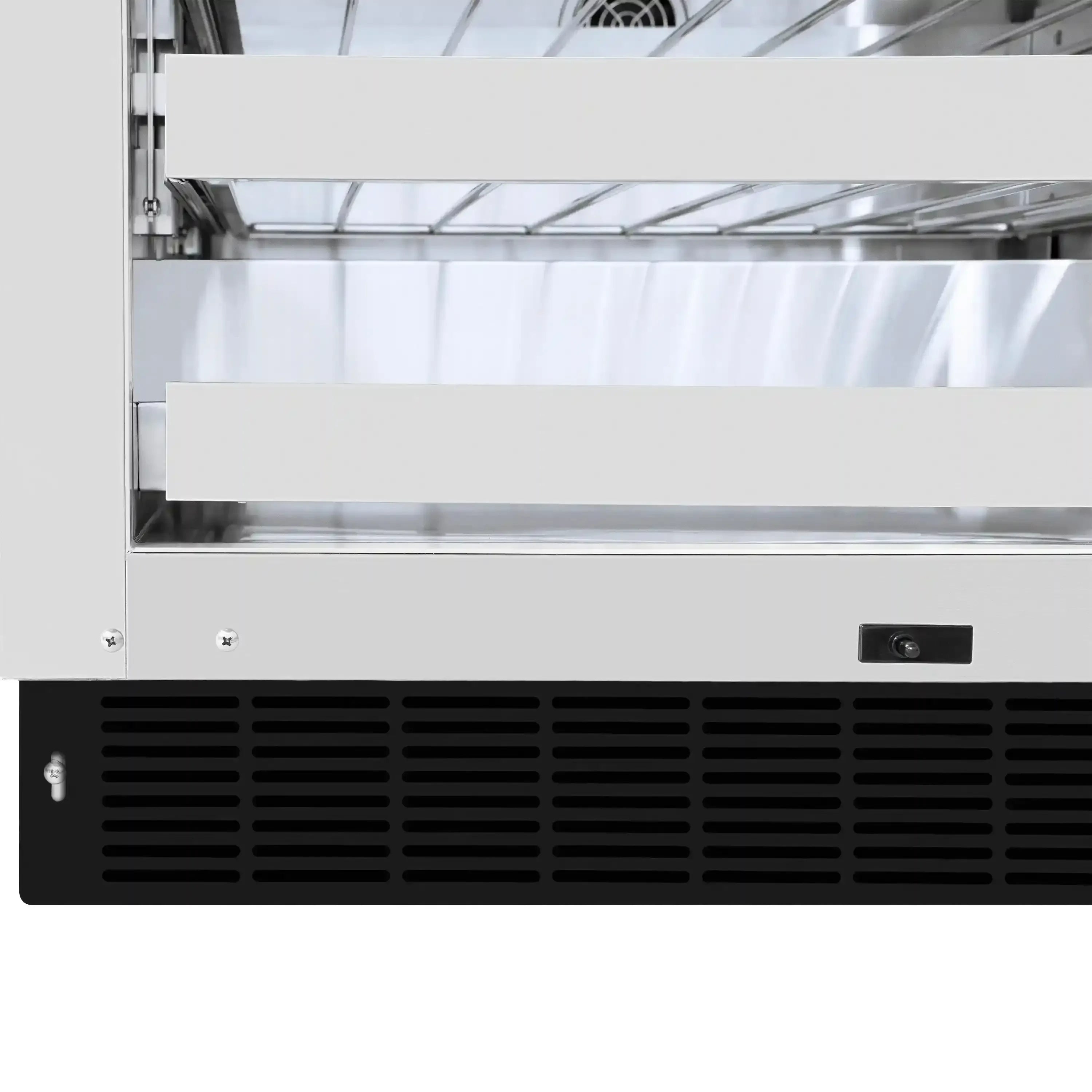Wine cooler front lower vent panel with intake grille and open shelf rails