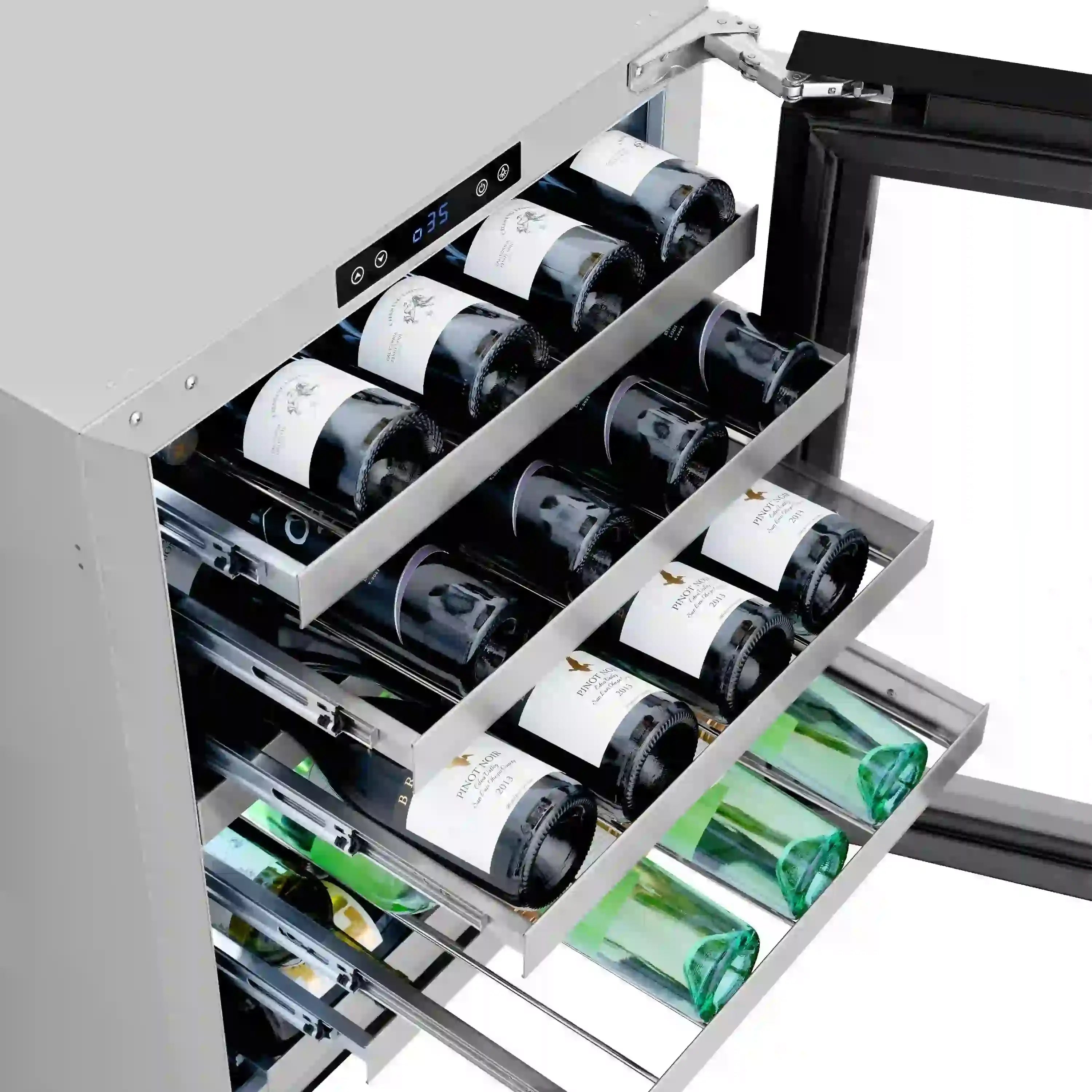 Wine cooler with door open, bottle racks pulled out and bottles arranged on shelves