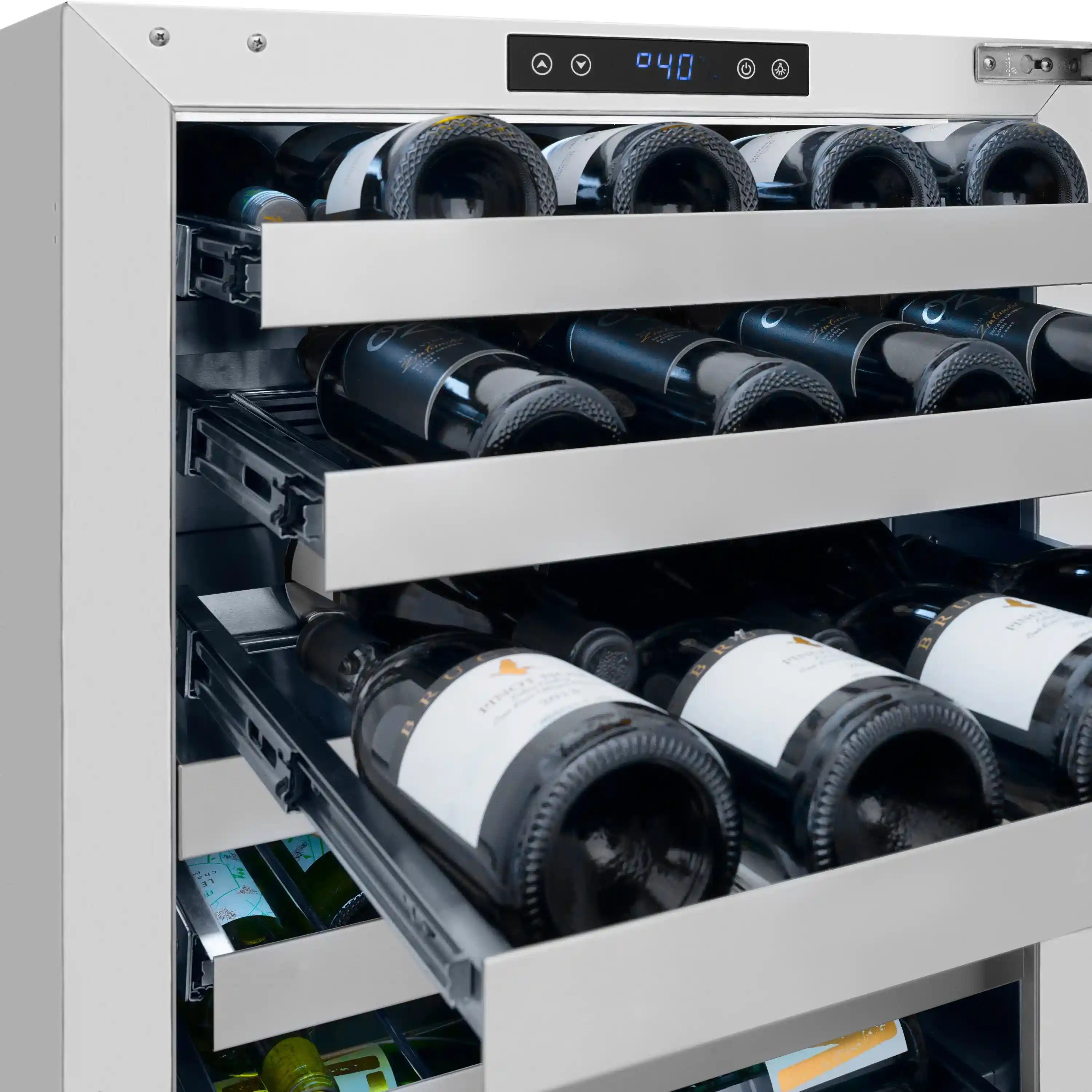 Wine cooler interior showing bottles on pull-out shelves behind the glass door