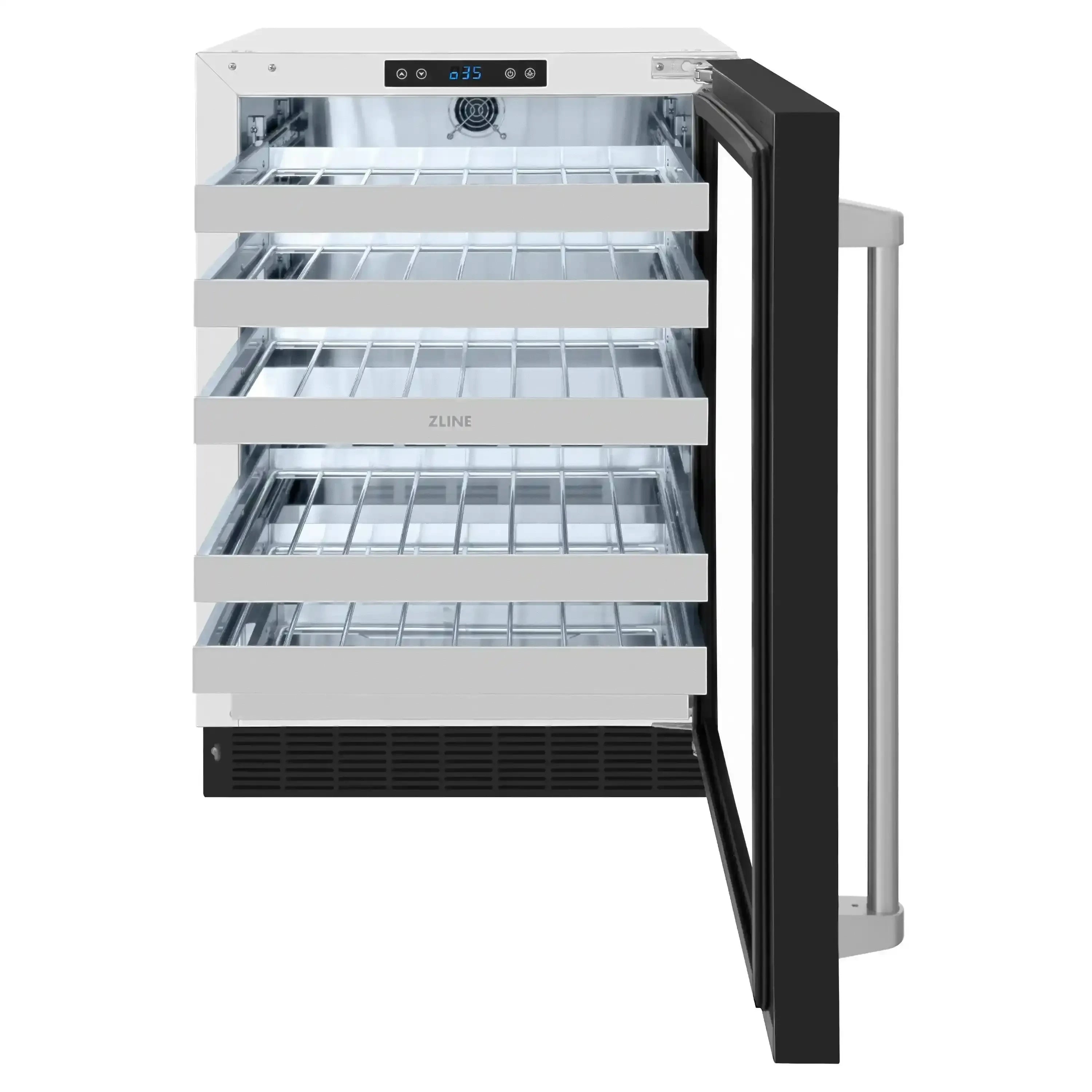 Dual zone wine cooler with black matte glass door and white cabinet, interior shelves visible