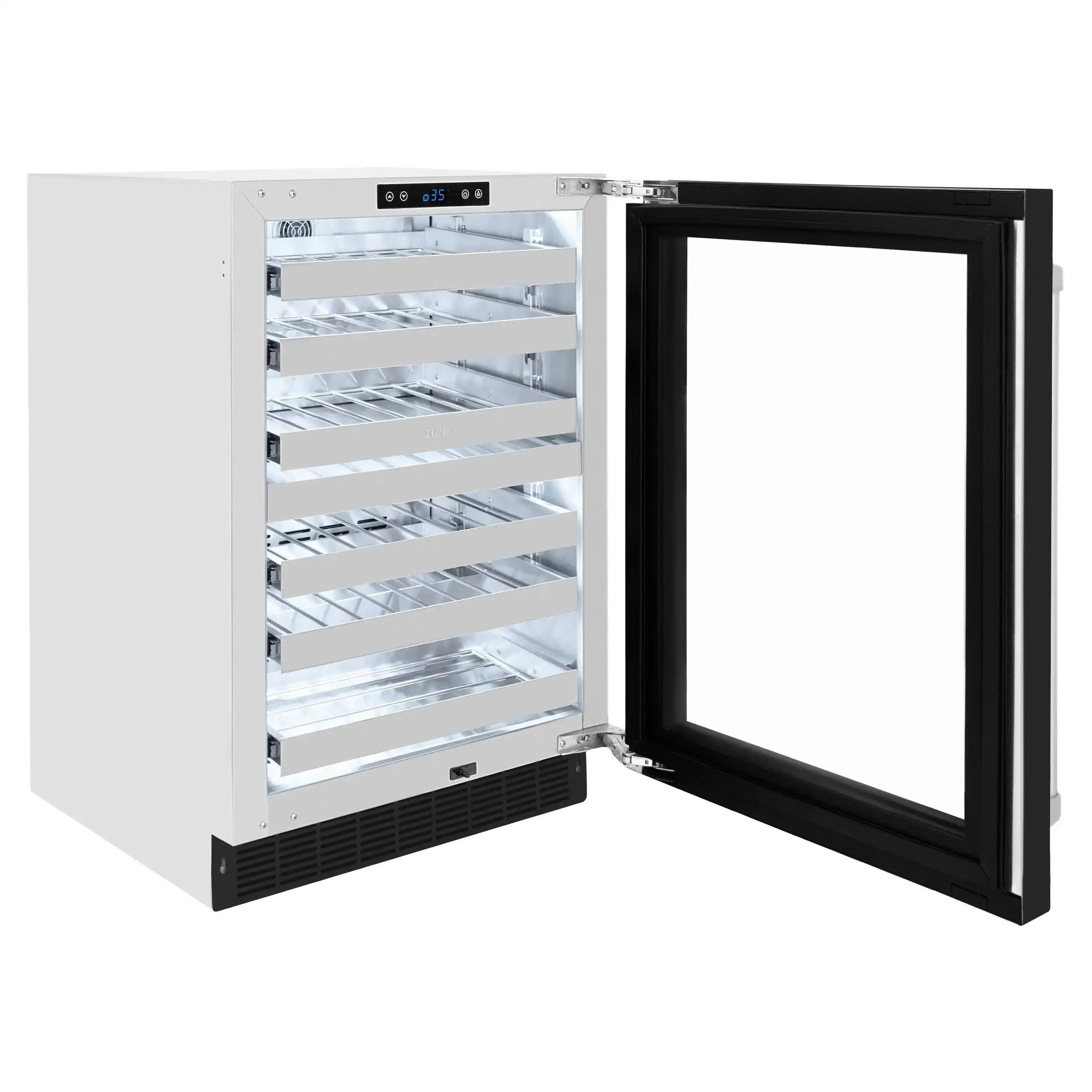 Dual-zone wine cooler with open black-framed glass door and interior bottle racks