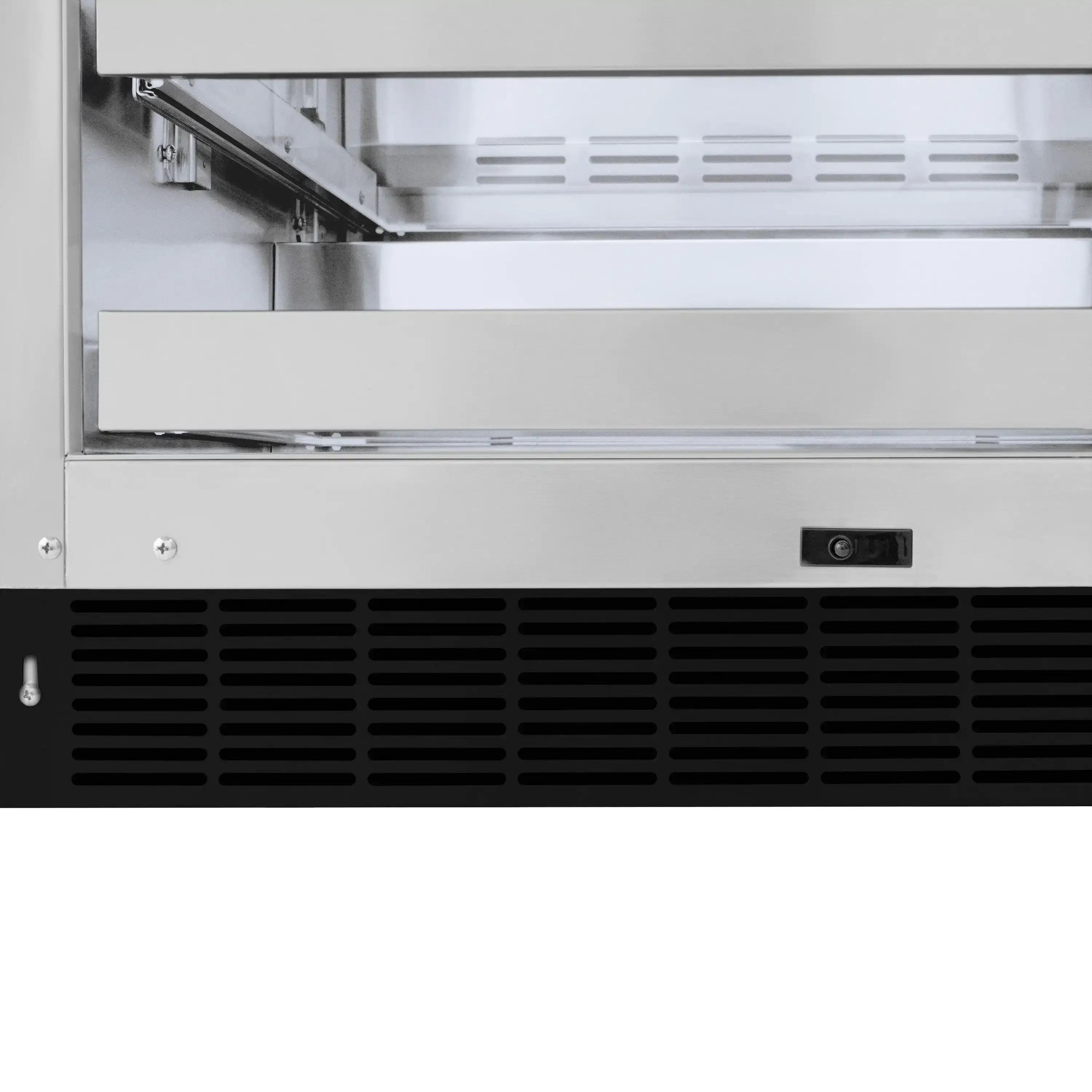 Black matte beverage fridge lower grille and control panel