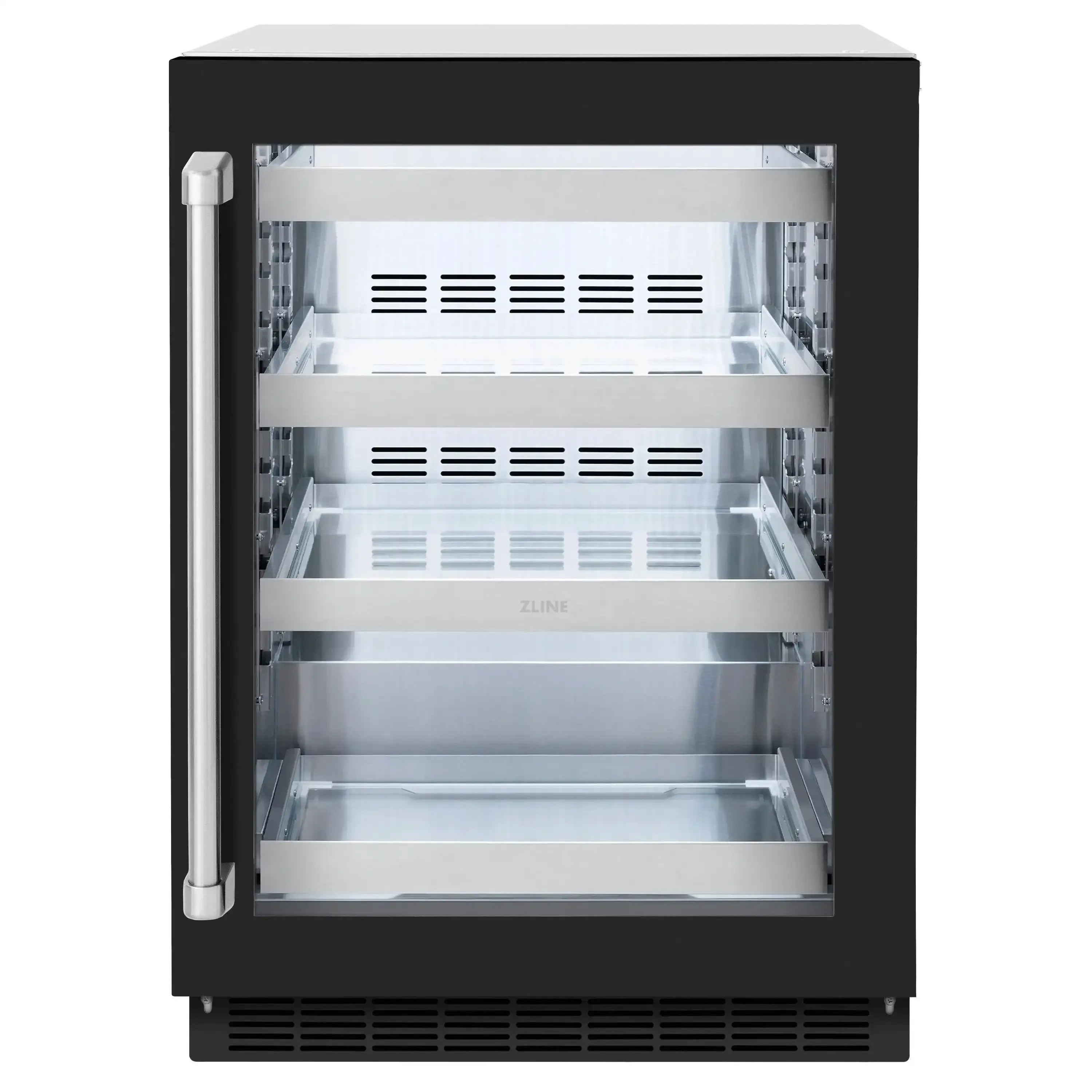 Black beverage fridge with open door, white shelves and front vent grille