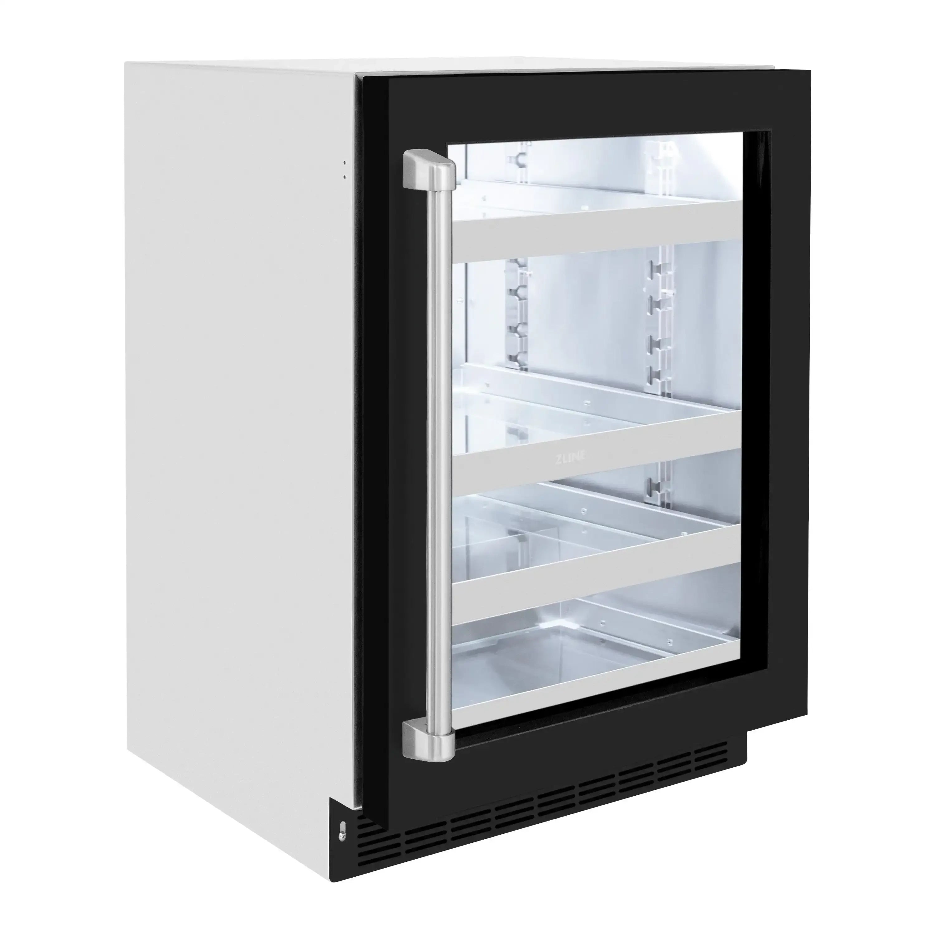 Black beverage cooler with glass door and two visible wire shelves behind clear lighted interior