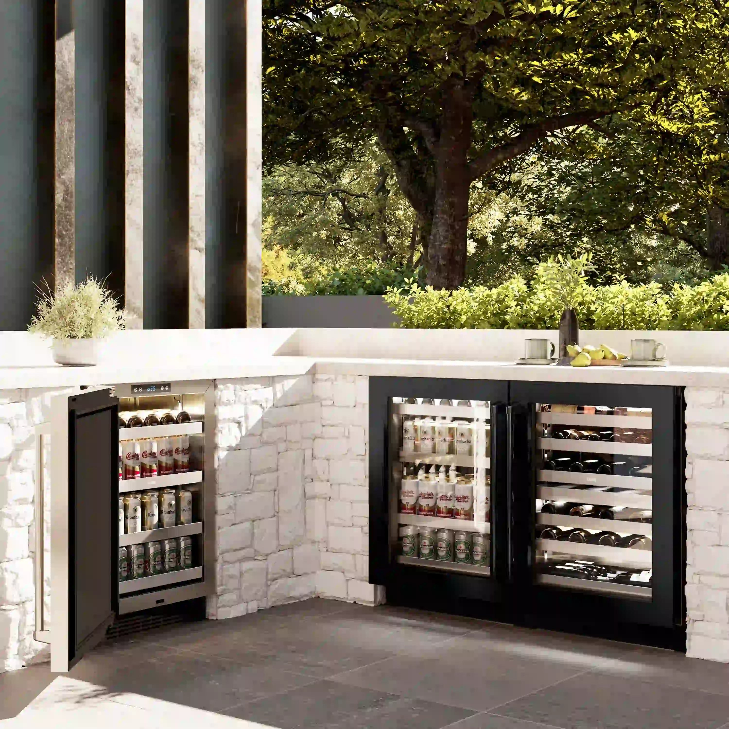 Wine cooler with glass doors open, showing bottle racks in a built-in setting