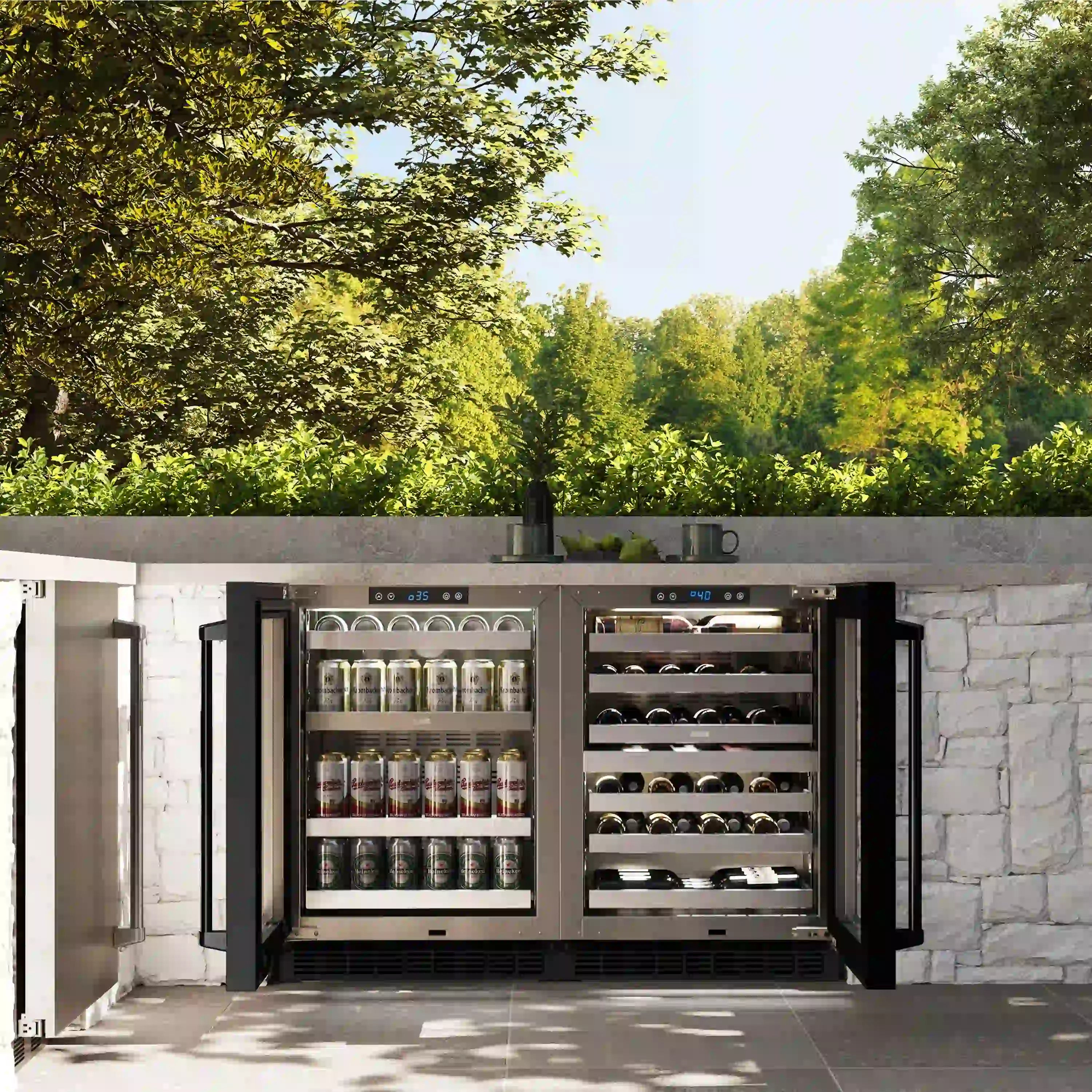 Dual-zone wine cooler with black doors; bottles on pull-out racks behind glass