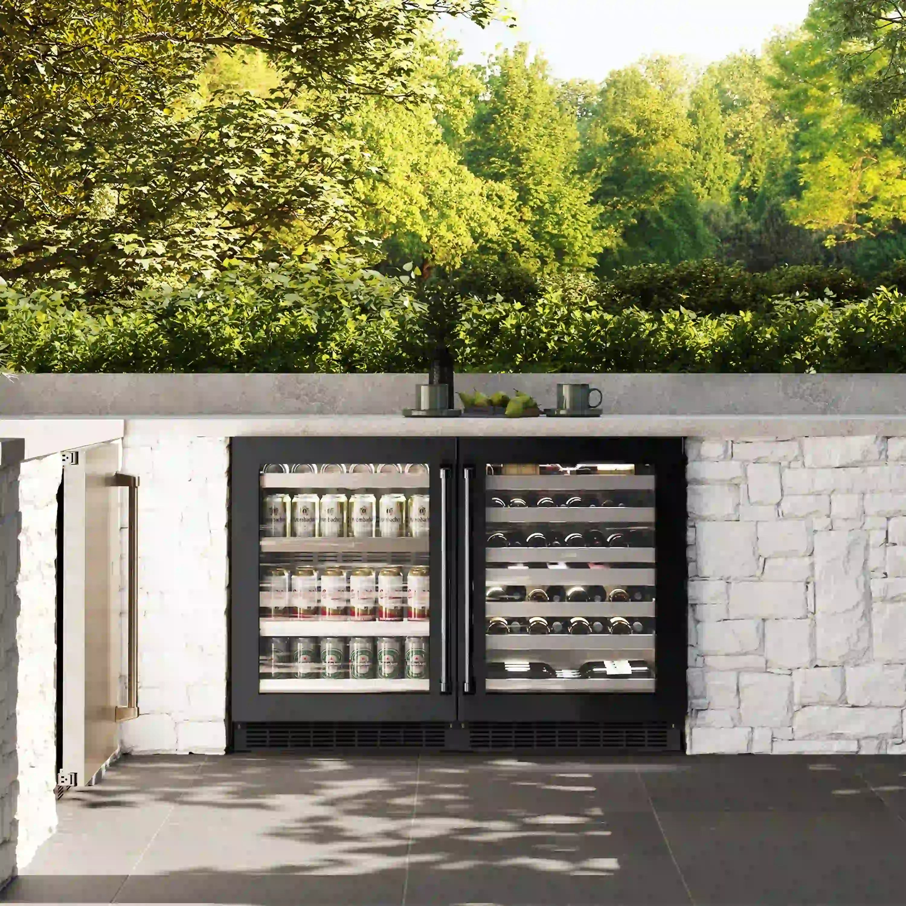 Built-in beverage refrigerator with black glass doors and visible interior shelves