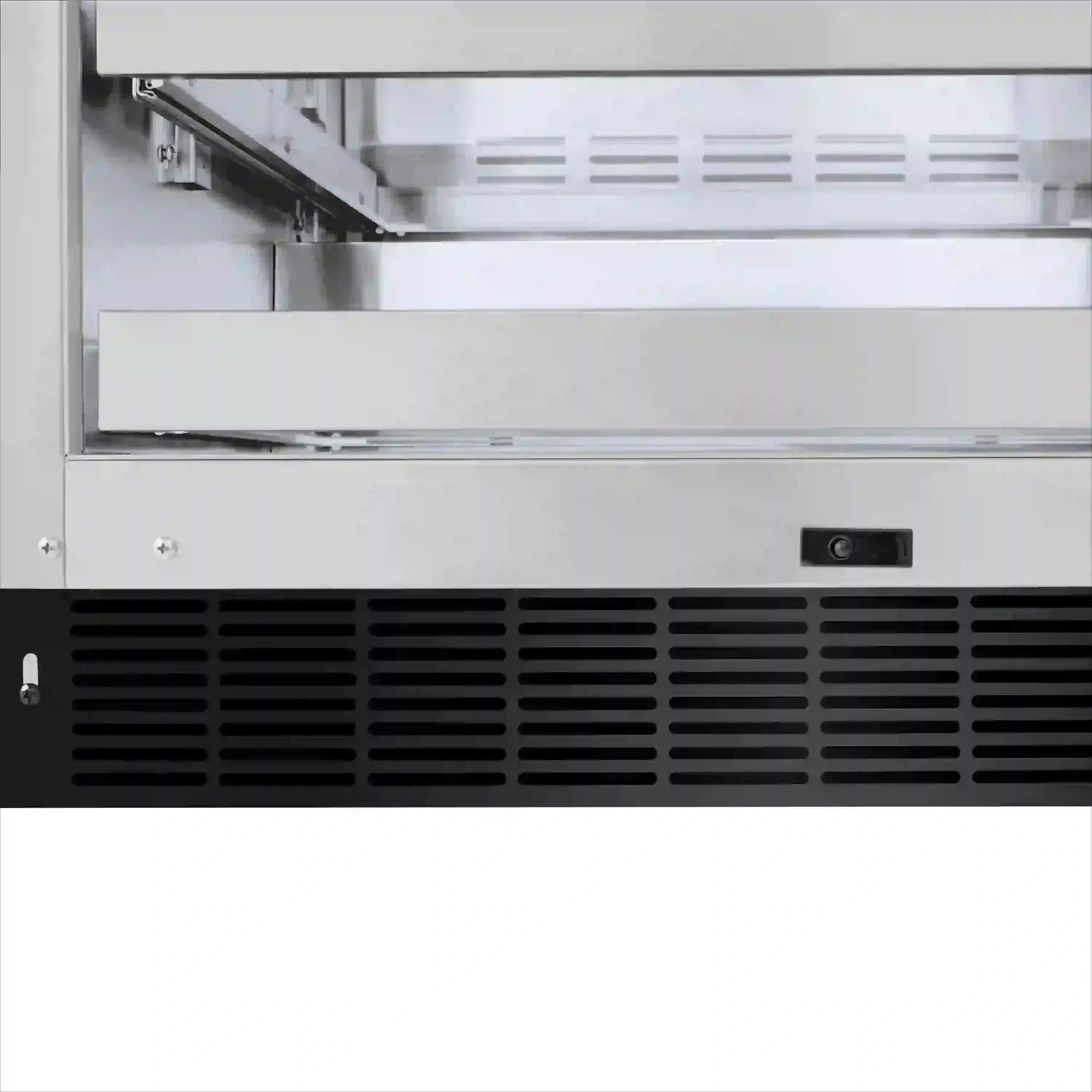 Black beverage fridge front vent with recessed control switch