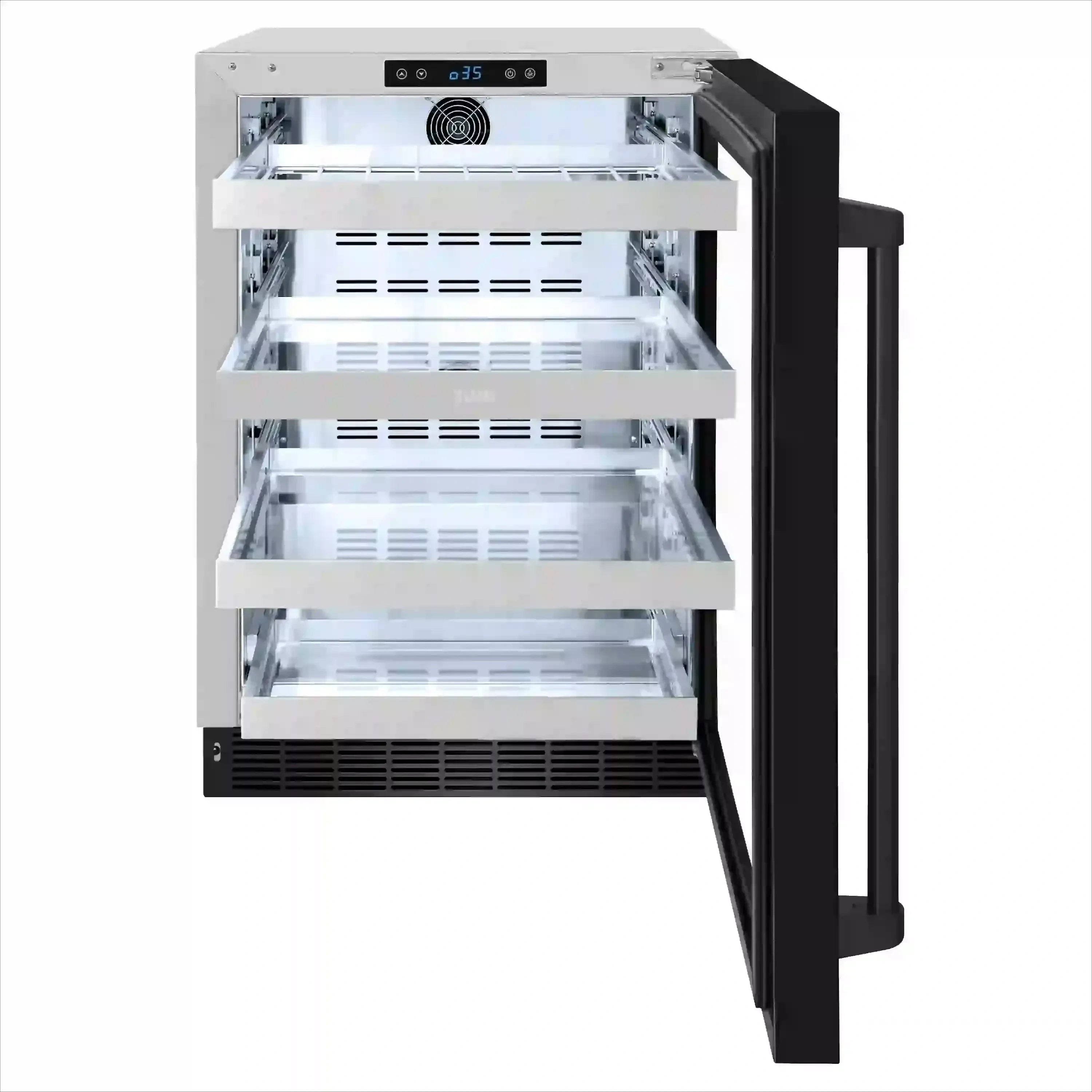24-inch beverage refrigerator with black stainless glass door and open chrome shelves
