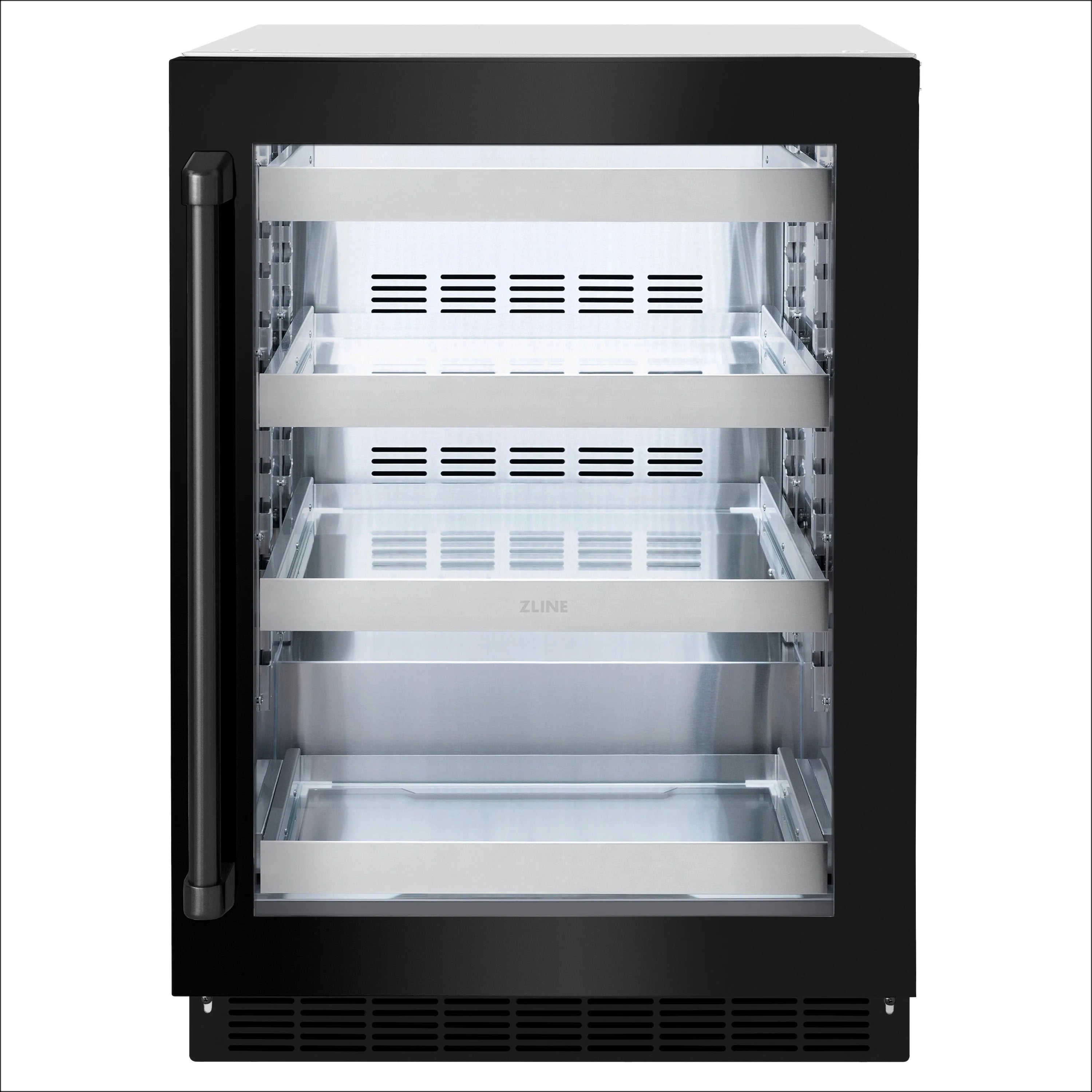 Black beverage fridge with glass door and internal wire shelves
