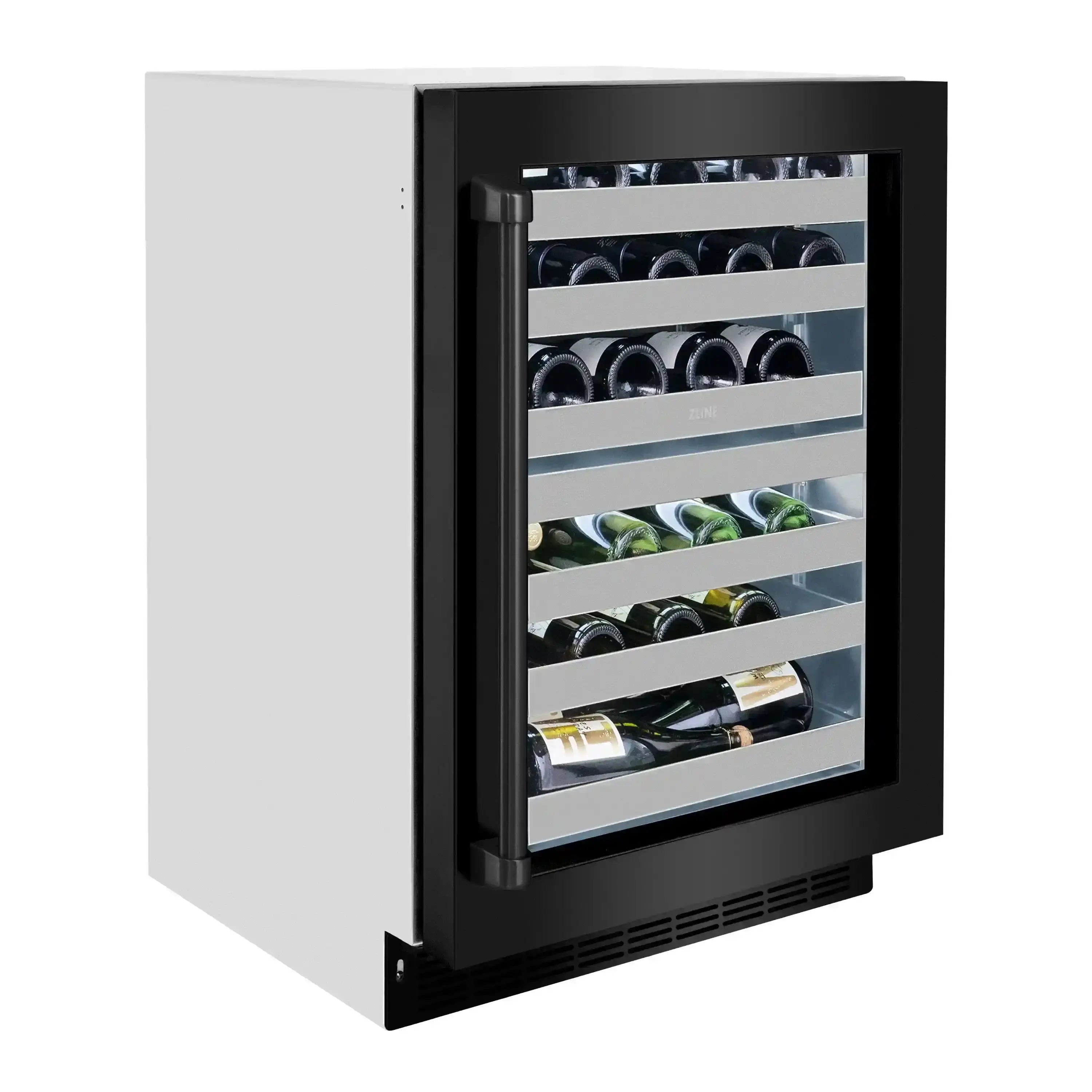 Built-in wine cooler with glass door open, showing bottle racks and black exterior frame