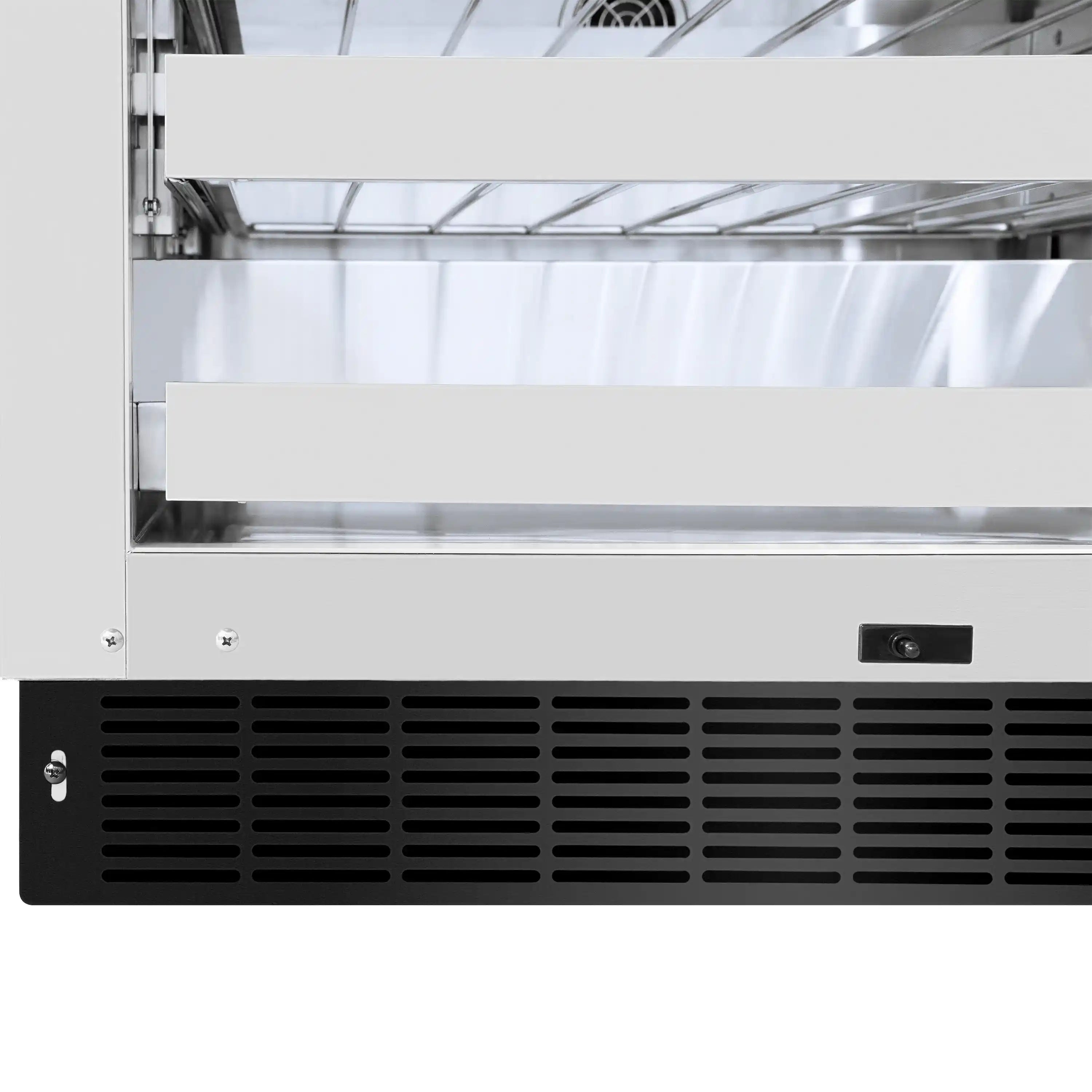 Wine cooler front lower vent area with grille and recessed control panel housing