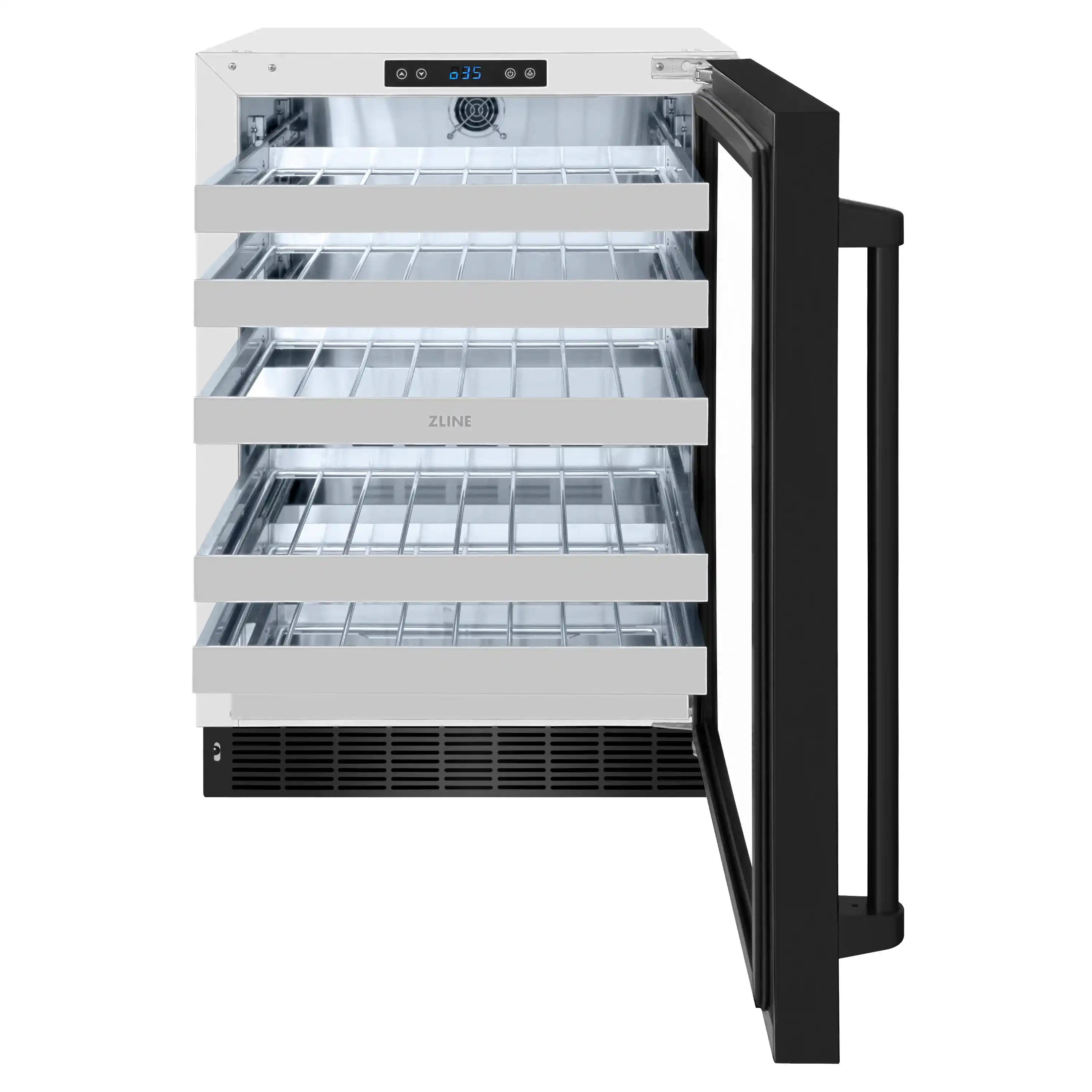 Wine cooler with glass door open, showing multiple interior racks for bottles and display controls