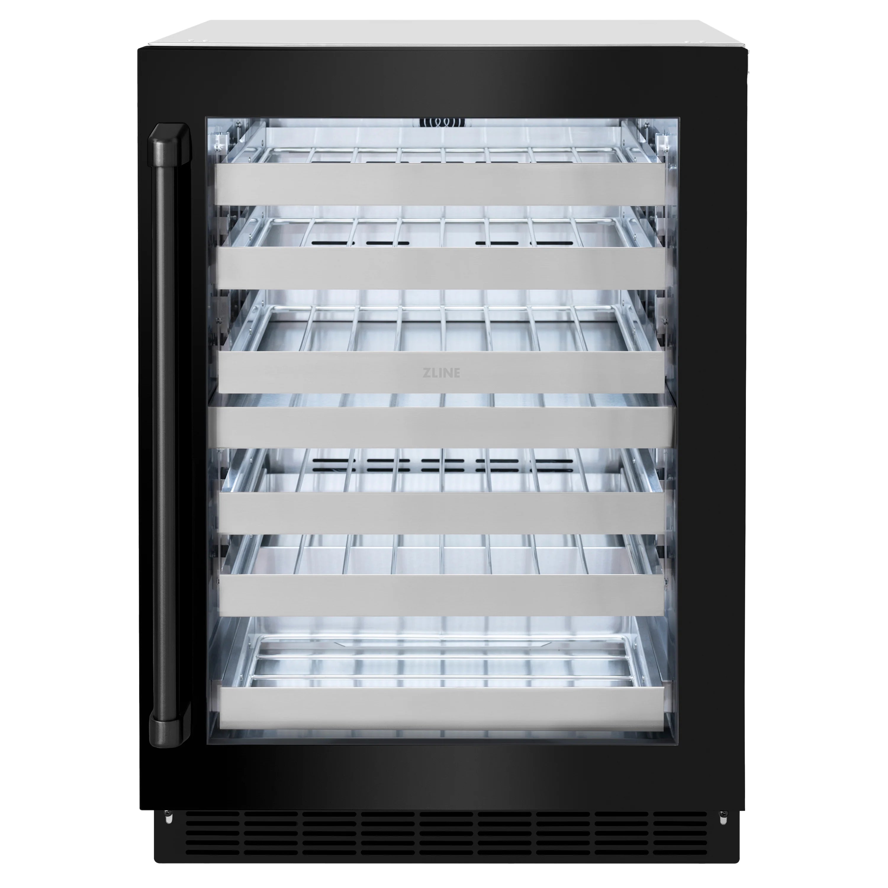 Wine cooler with dark exterior and glass door, showing interior racks for bottles