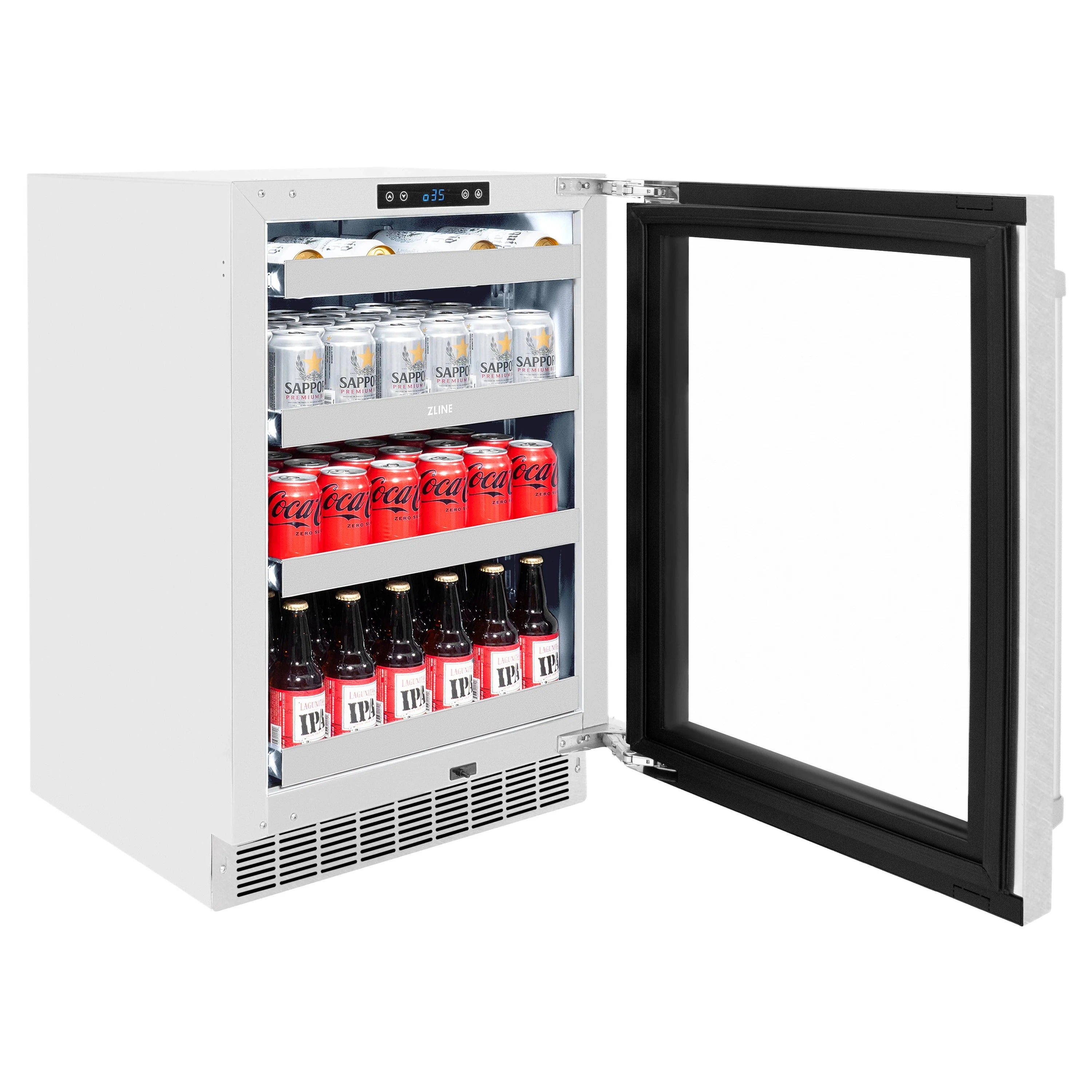Stainless beverage fridge with black-framed glass door open