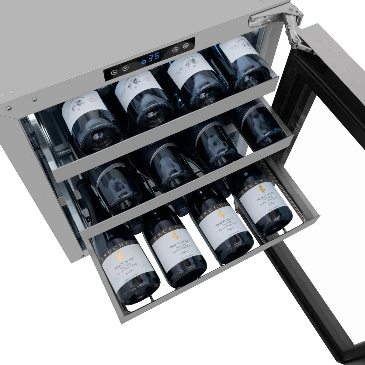 Wine cooler with satin stainless frame and black glass door, showing bottle racks inside