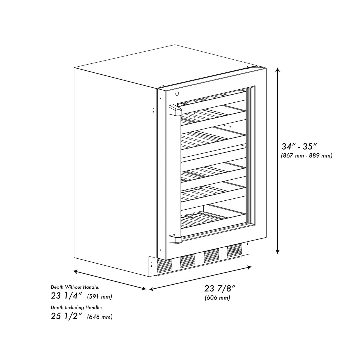 Wine cooler dimension diagram with open door and interior rack layout