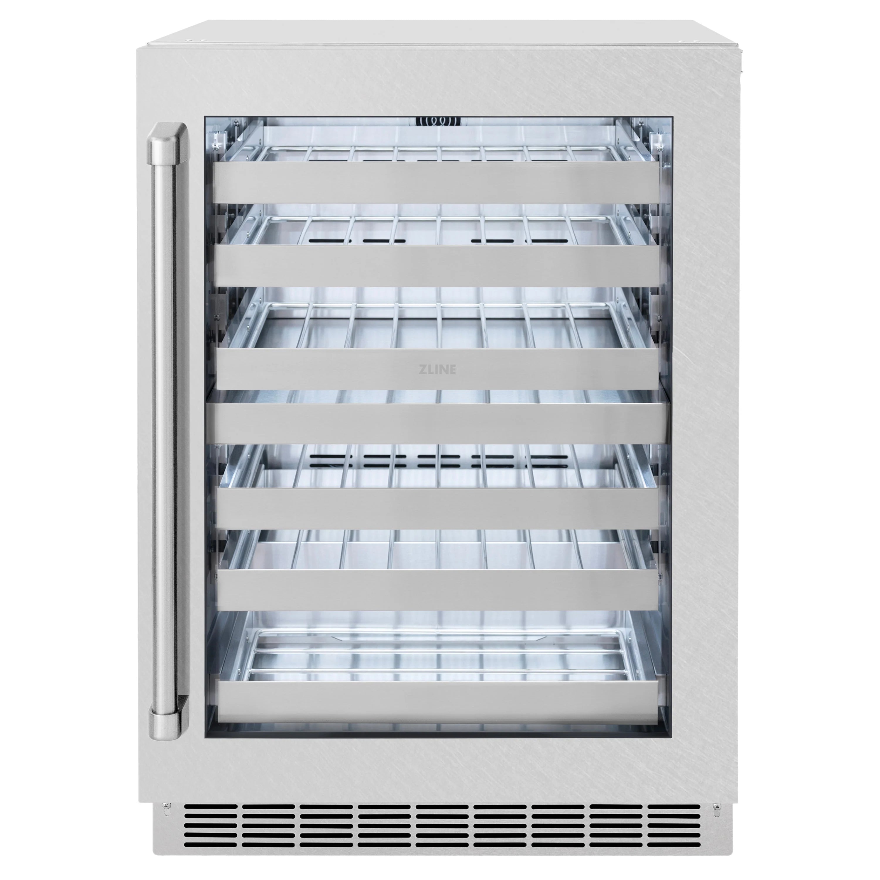 Wine cooler with door open, showing multi-shelf interior with bottle slots