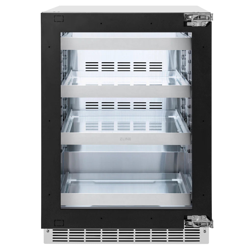 24-inch beverage fridge with glass door, open interior shelves and white lighting