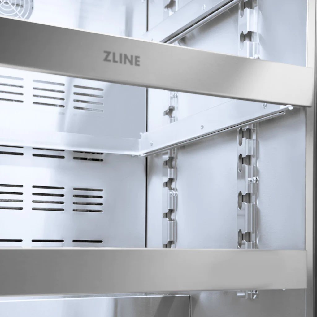 Beverage fridge interior with shelves, mounting hardware, and ZLINE branding