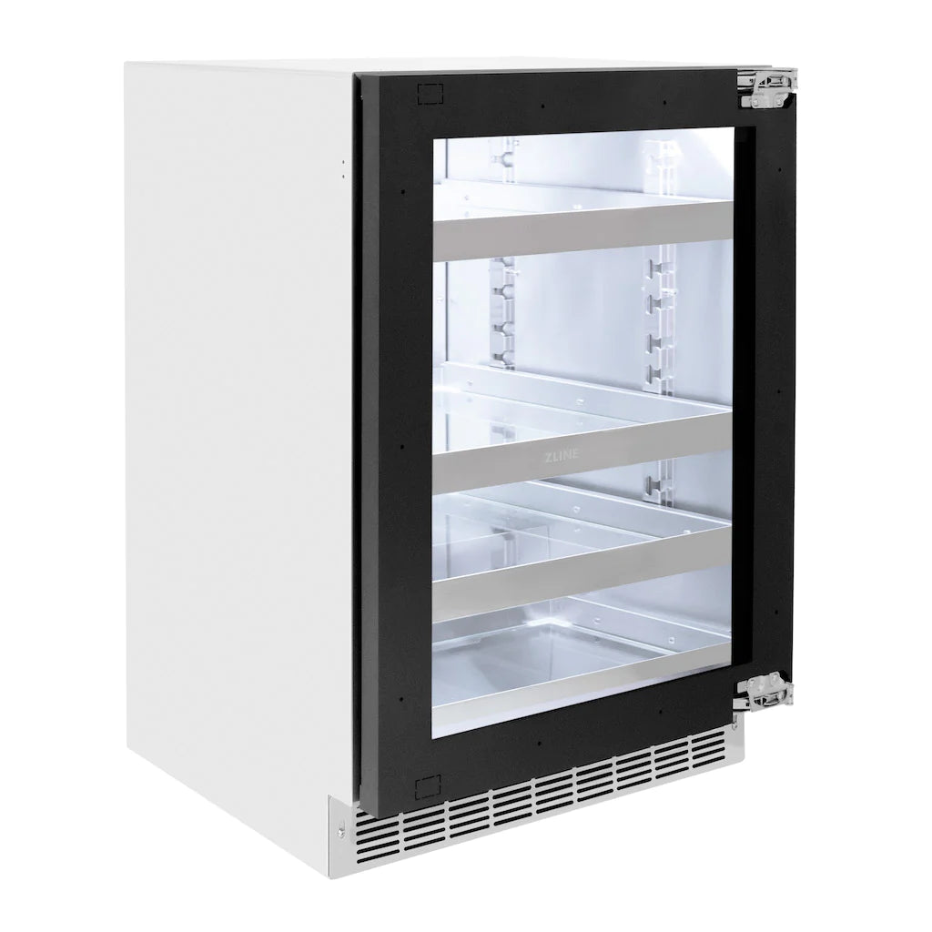 24-inch beverage fridge with dark-framed glass door open to interior shelves