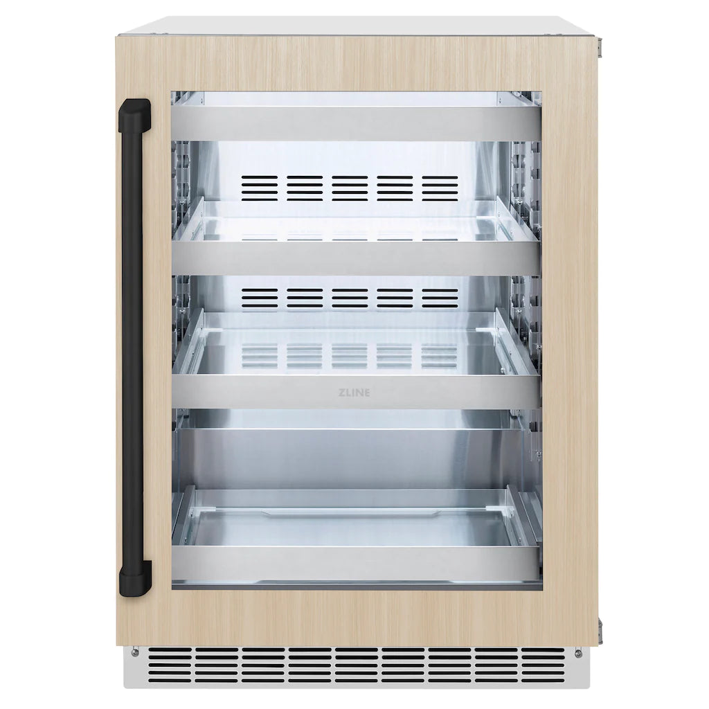 24-inch beverage fridge with open glass door, stainless interior shelves and vents