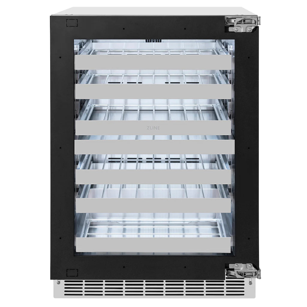 Wine cooler front with open door, illuminated interior and multi-level wire racks for bottles
