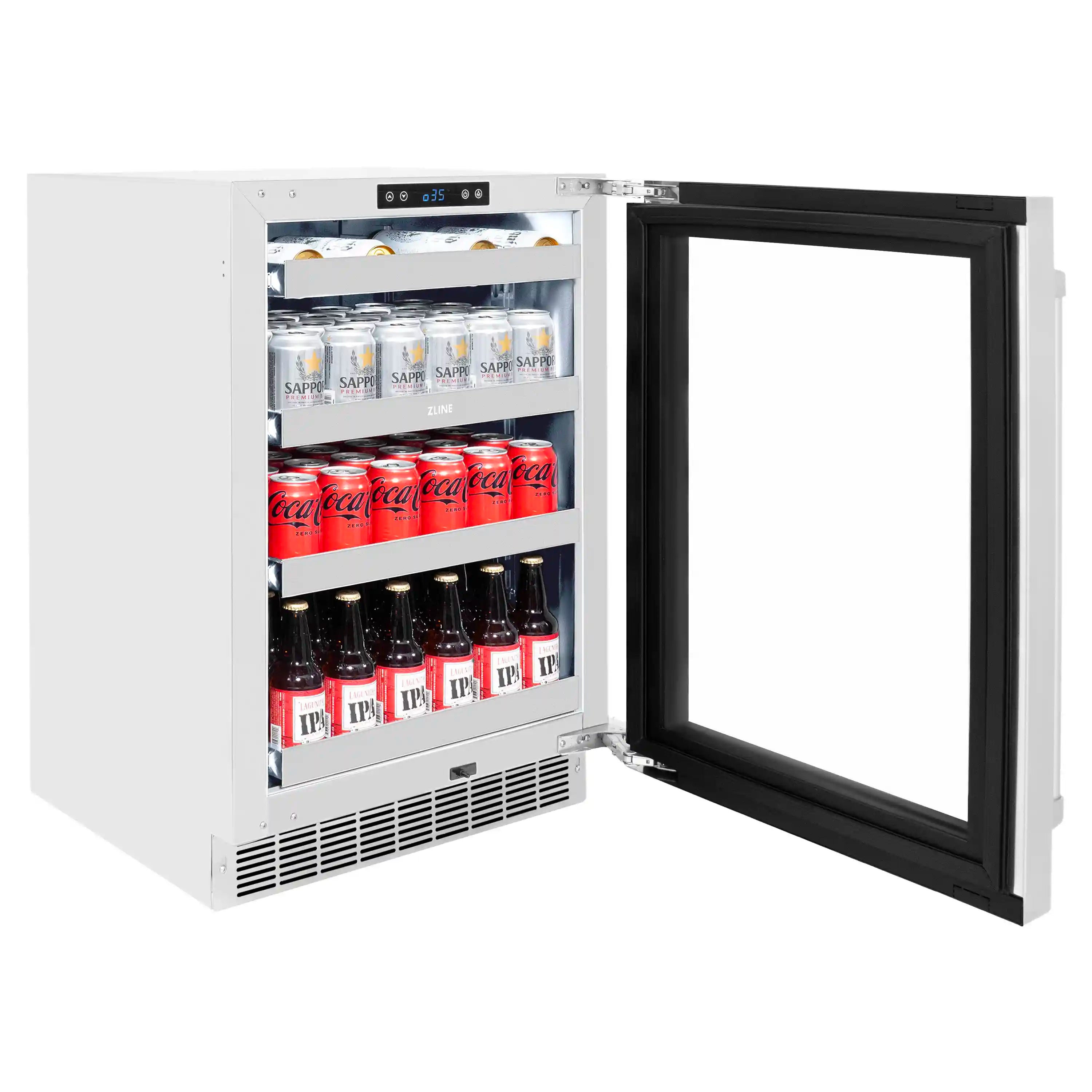 24-inch beverage fridge with stainless body, open glass door, and stocked can rack
