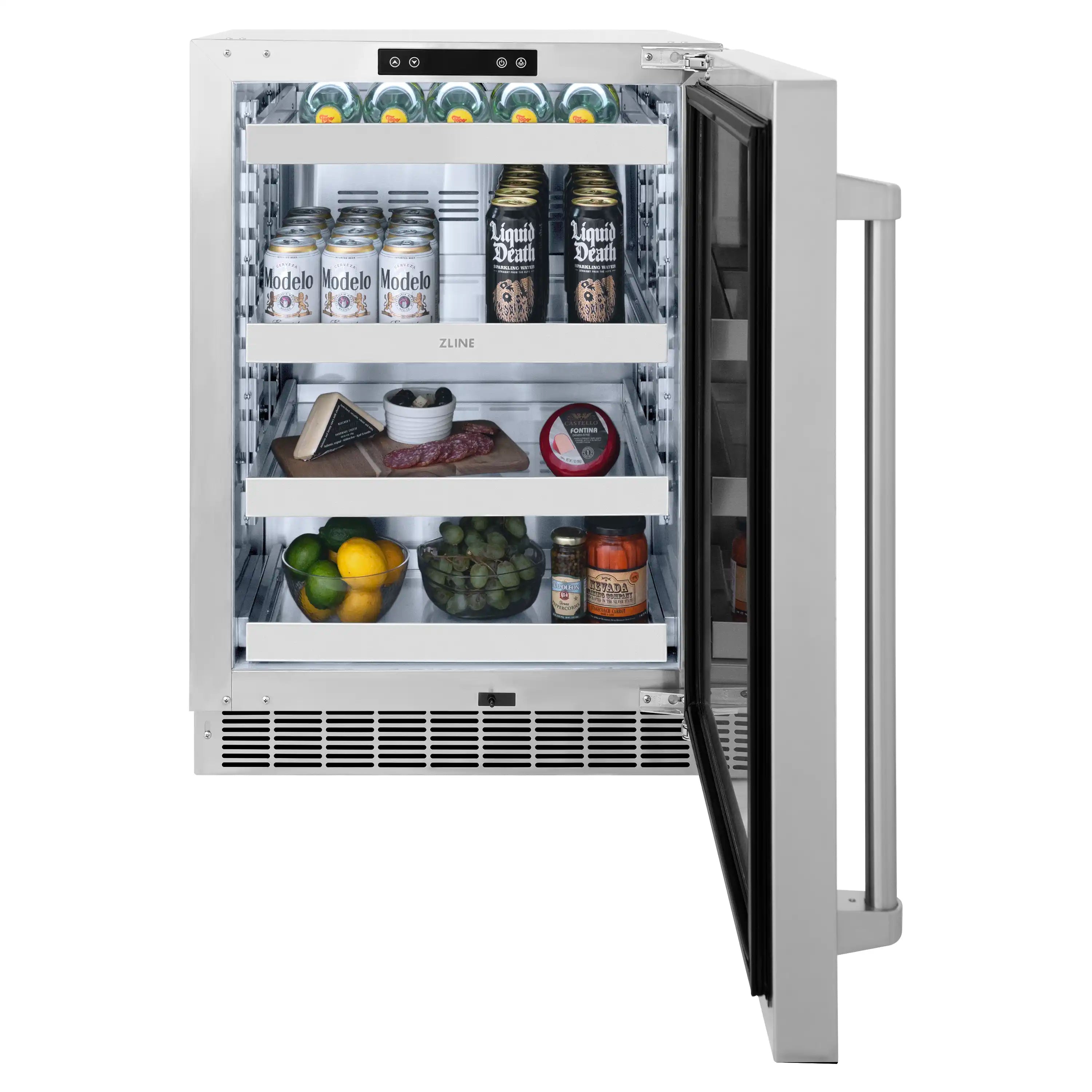 Stainless beverage fridge with open door, stocked bottles and cans on shelves