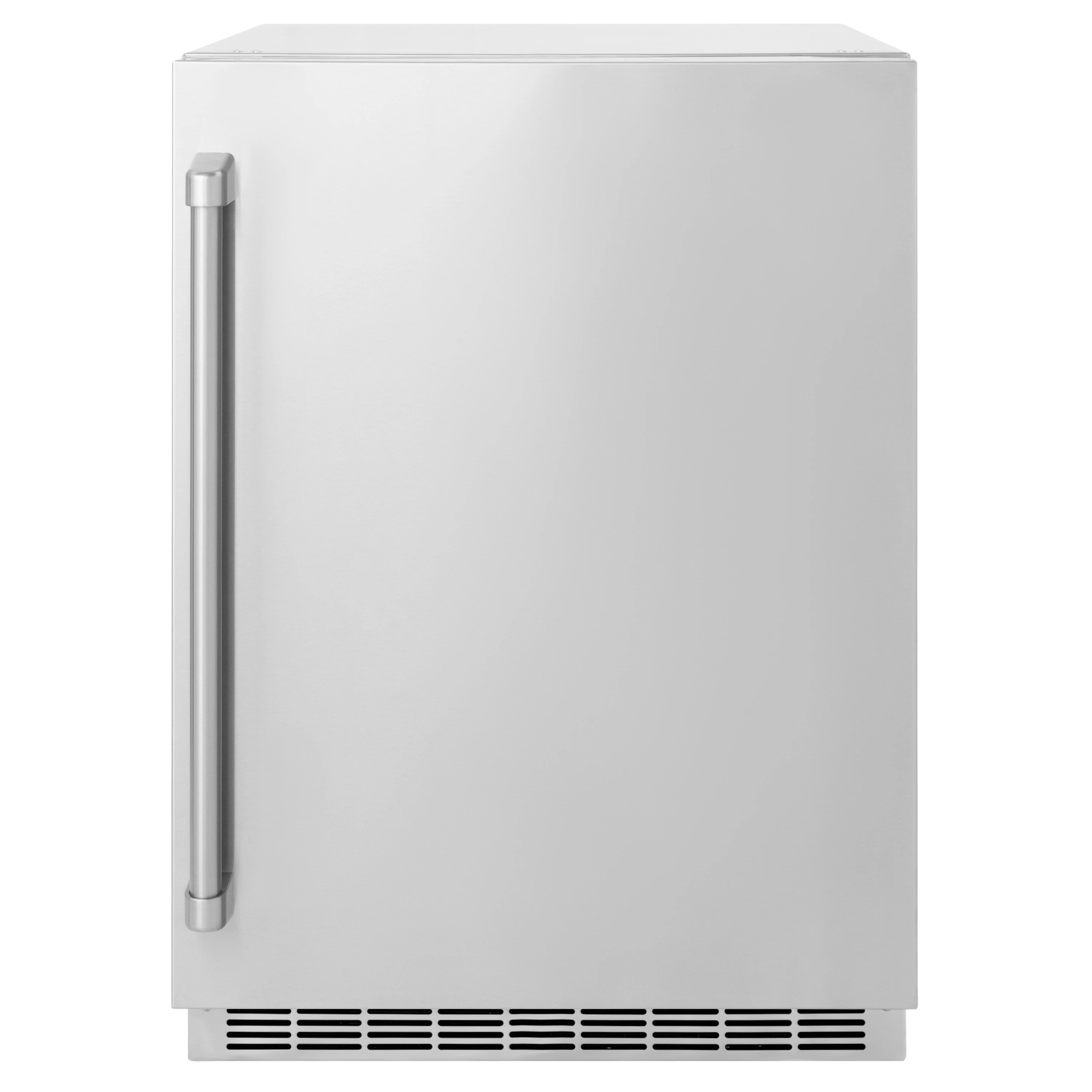 Stainless beverage fridge door with long vertical handle and bottom vent grilles
