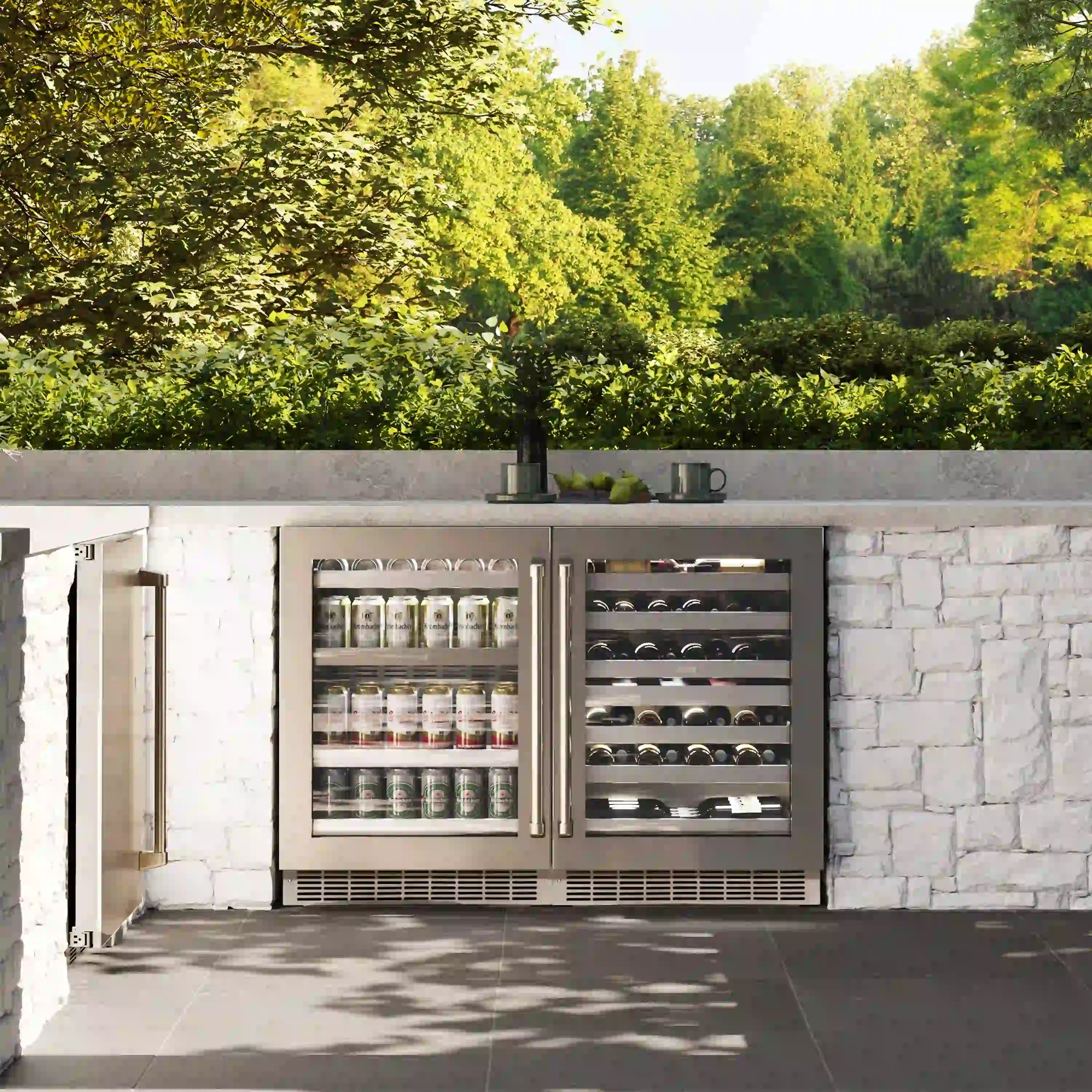 Outdoor stainless steel wine cooler built-in style with glass doors and bottle storage