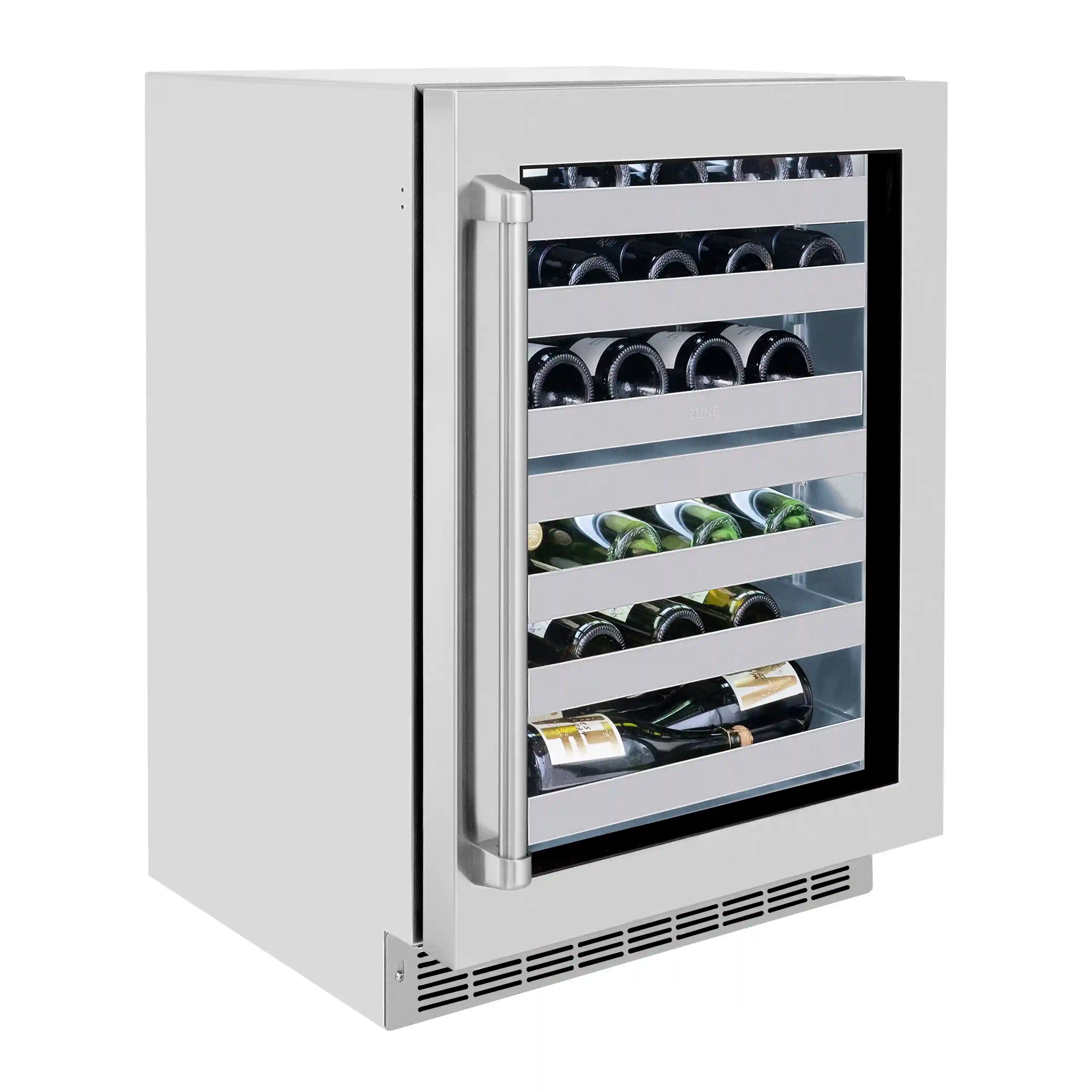 Compact stainless steel wine cooler with glass door open and bottles on racks